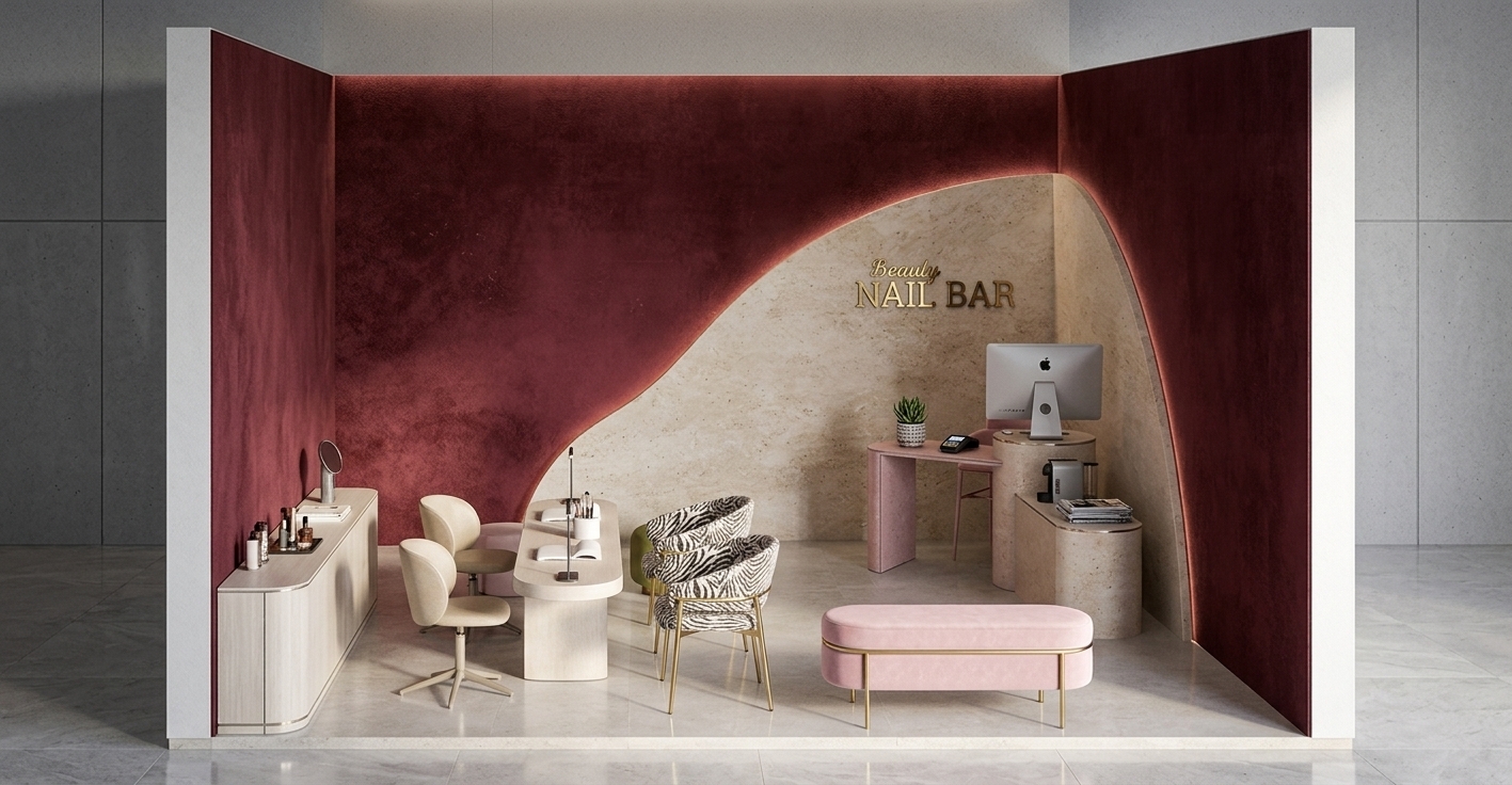 An incredibly lifelike, richly detailed, photorealistic cutaway interior view of a boutique beauty studio transformed into a tranquil desert retreat set in a sun-drenched Southwestern setting. The scene is illuminated by soft, warm ambient light that casts gentle shadows across organic curves, creating an earthy, sophisticated, and tranquil atmosphere. Captured with a professional wide-angle architectural lens, emphasizing tactile plaster textures, rich terracotta and sand-toned surfaces, and elegant brushed gold accents. The space features a dramatic arched accent wall in textured deep clay and beige lime-wash, framing a sculpted curved desk, a minimalist reception counter, and cozy zebra-patterned lounge chairs alongside a plush blush-pink waiting bench, beautifully harmonizing arid minimalism with chic contemporary salon design.