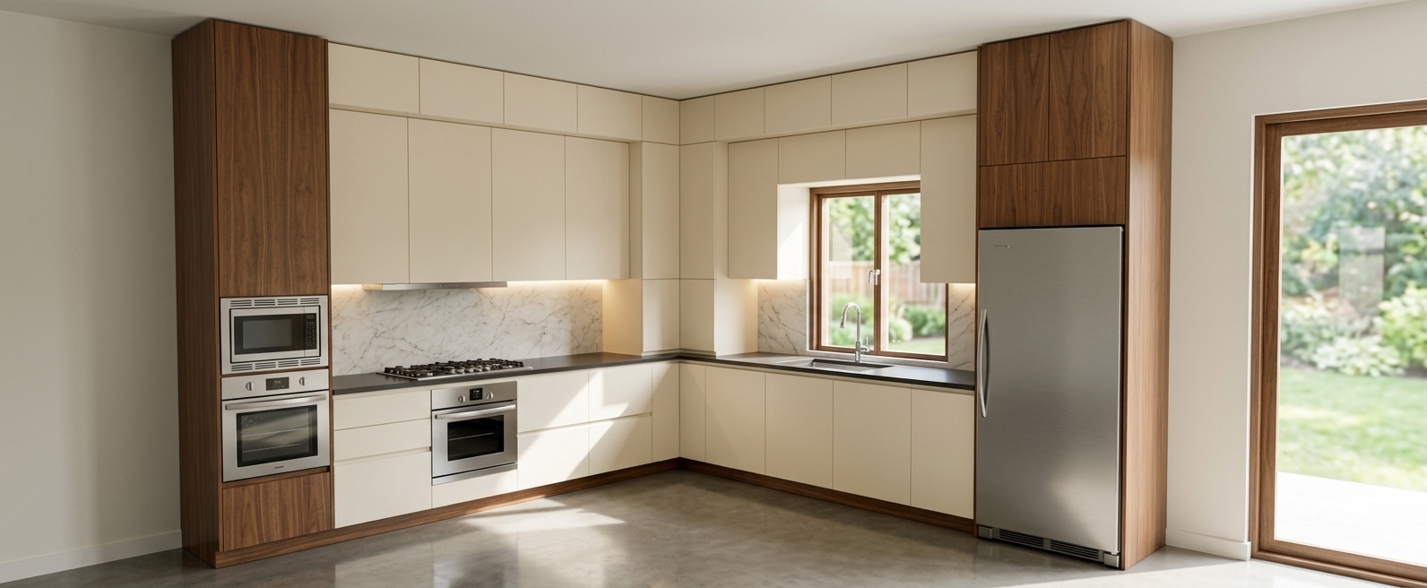 An incredibly lifelike, richly detailed, photorealistic wide-angle interior shot of a sophisticated mid-century modern kitchen set in a luxury contemporary residence. The scene is illuminated by crisp midday spring sunlight streaming naturally through the framed window, seamlessly balanced by subtle, warm under-cabinet LED cove lighting, creating a bright, airy, and invitingly elegant atmosphere. Captured with a high-end 24mm architectural tilt-shift lens, emphasizing tactile material grains, pristine edge bevels, and flawless planar reflections. The L-shaped composition faithfully maintains its tailored geometry: rich, warm walnut-toned veneer encases the outer framing and upper bulkhead, creating a striking contrast with the smooth, matte cream-colored cabinet fronts. On the left, a tall built-in tower holds brushed stainless steel double wall appliances, extending across a dark solid-surface countertop with an integrated cooktop set against an exquisite polished marble backsplash with faint, delicate veining. The adjacent run integrates an undermount sink and designer faucet beneath the window, terminating at a towering wood-paneled enclosure housing a sleek, full-height stainless steel refrigerator, all grounded by a subtly reflective, polished designer floor that captures soft daylight and precise ambient shadows.