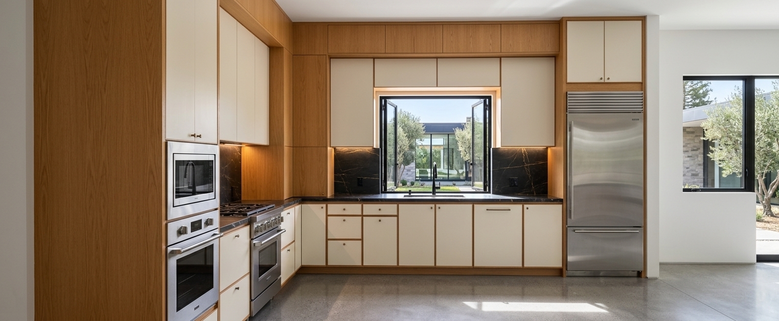 An incredibly lifelike, richly detailed, photorealistic wide eye-level architectural shot of a refined mid-century modern kitchen set in a luxurious contemporary residence. The scene is illuminated by crisp, radiant midday spring sunlight streaming smoothly through the central black-framed window, balanced by subtle warm LED ambient under-cabinet glow, creating an inviting, sophisticated, and pristine atmosphere. Captured with a professional 35mm tilt-shift architectural lens, emphasizing the rich organic grain of the warm honey-oak veneer cabinetry, silky matte cream front panels, and the sleek brushed textures of the integrated stainless steel appliances. Polished dark marble countertops showcase delicate, refined golden veining beneath the minimalist undermount sink and sleek matte faucet, while the seamless floor gently catches ambient reflections and natural soft-edge shadows, grounding the clean geometric L-shaped layout in immaculate physical realism.