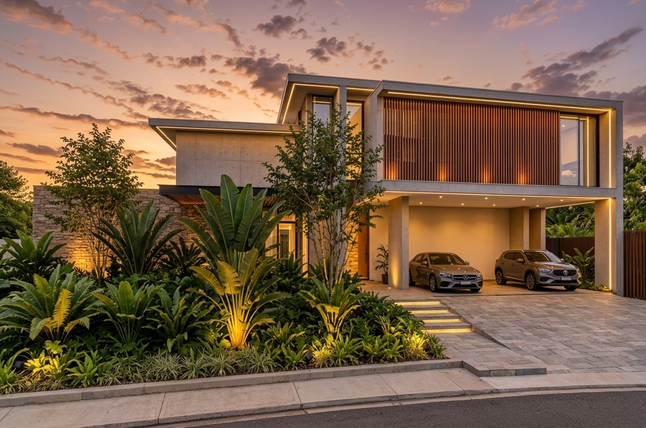 An incredibly lifelike, richly detailed, photorealistic wide-angle architectural shot of a luxury modern residence set in an upscale, lush landscaped environment. The scene is illuminated by the soft, warm glow of a dramatic golden-hour sunset contrasted with sophisticated 3000K integrated LED accent strips, recessed ceiling downlights, and warm landscape uplighting, creating an inviting, tranquil, and luxurious atmosphere. Captured with a professional full-frame architectural camera with a 24mm tilt-shift lens, emphasizing the rich textures of natural stone feature walls, warm vertical timber batten screening, smooth architectural concrete cantilevers, and meticulously laid stone driveway pavers. Dense, vibrant subtropical vegetation—including broad-leaf palms, ferns, and slender accent trees—frames the stepped entrance pathway, while the spacious covered carport cleanly houses two premium vehicles, seamlessly blending refined contemporary geometry with the natural serenity of its surroundings.