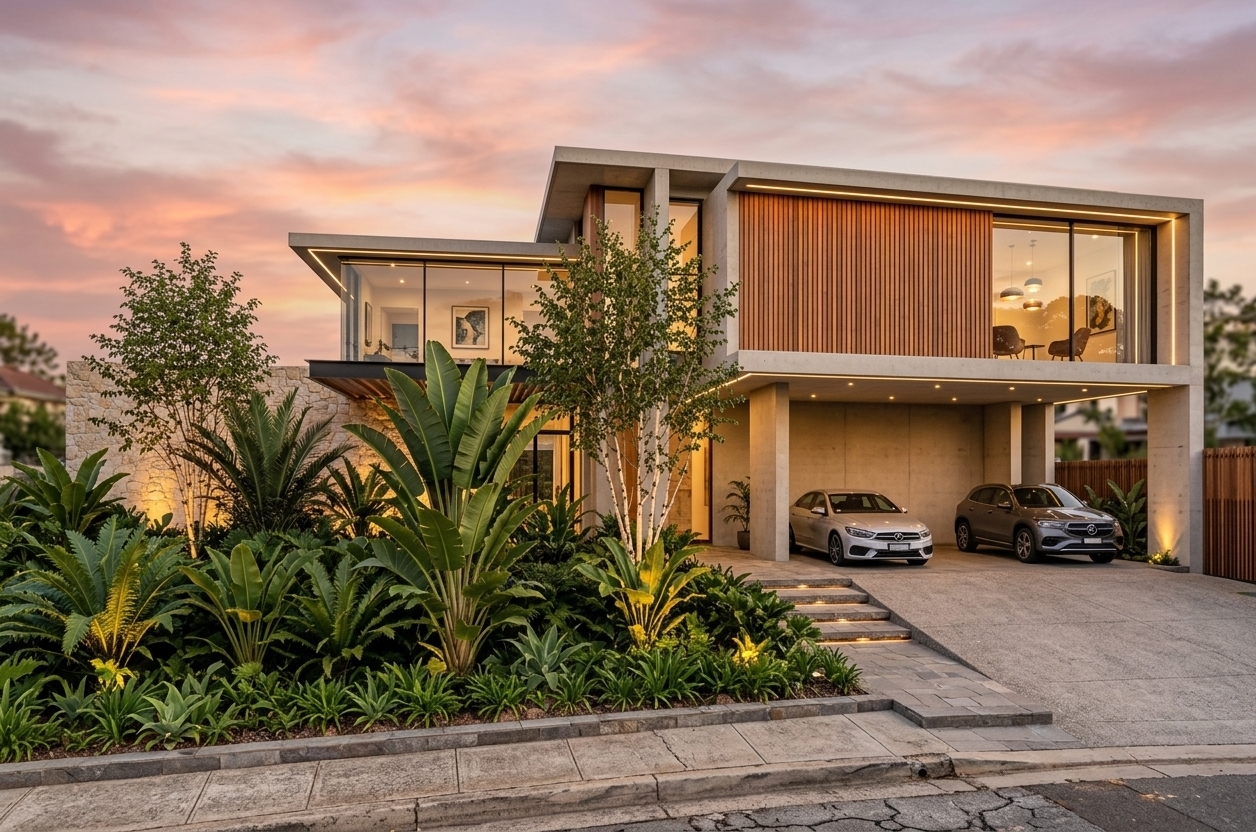 An incredibly lifelike, richly detailed, photorealistic wide-angle architectural shot of a contemporary mid-century modern-inspired luxury residence set in an upscale, landscaped suburban landscape. The scene is illuminated by the soft, warm golden glow of a vibrant sunset harmonized with integrated linear LED facade lighting and delicate garden uplights, creating an inviting, sophisticated, and tranquil atmosphere. Captured with a professional tilt-shift lens on a full-frame camera, emphasizing the tactile textures of vertical wood slats, smooth cast concrete cantilevers, rugged limestone feature walls, and lush tropical foliage. The composition showcases a sleek open carport sheltering modern vehicles, balanced by manicured planters filled with broad-leaf palms and delicate birch trees, leading toward an elegant paved entryway framed against a dramatic, pastel-hued evening sky.