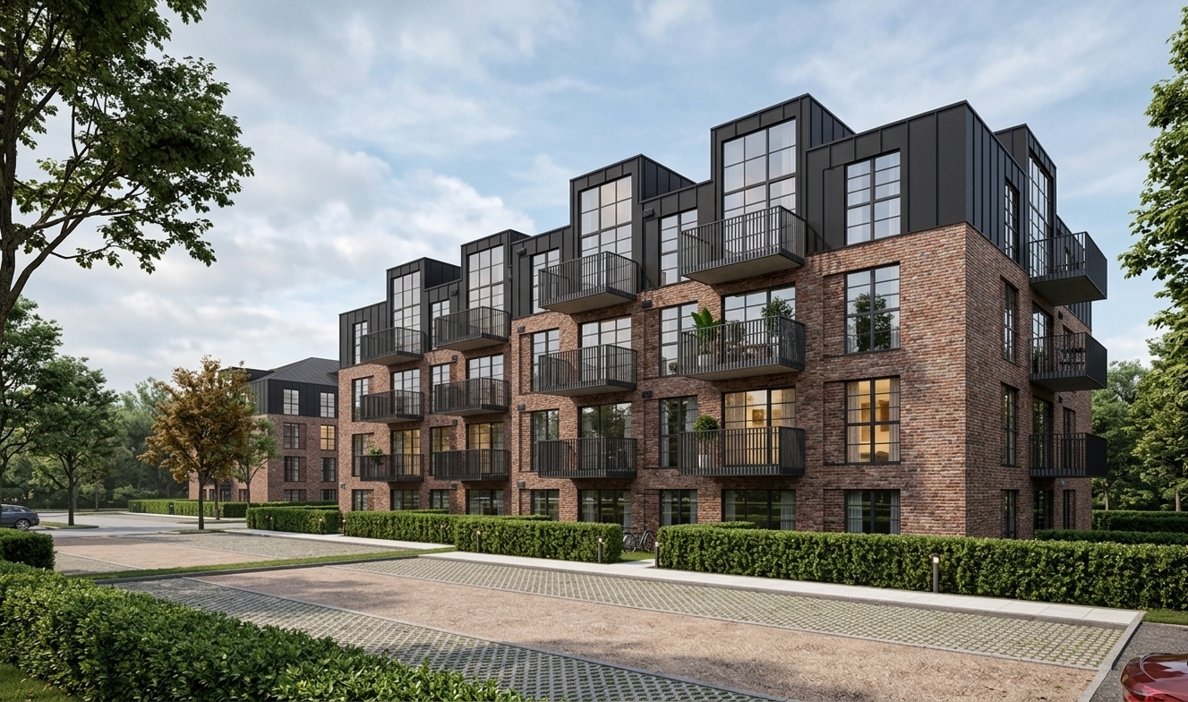 A crisp daytime architectural photograph capturing the four-story modern apartment building, maintaining the exact perspective, geometry, and layout of the scene. The facade features tactile, warm-toned textured brick and matte dark metal cladding, contrasted with realistic glass windows reflecting the soft daylight sky alongside warm interior ambient lighting glowing from within select units. Subtle life is introduced with potted flowers and a couple of relaxed residents on the balconies, while the foreground road and distant parking area feature realistic asphalt textures, a few parked cars, and natural pedestrians. Lush, realistic trimmed green hedges and detailed leafy trees replace the flat geometry. Natural daylight casts soft, directional shadows, enhanced by high dynamic range, crisp optical clarity from an architectural shift lens, subtle natural surface imperfections, and mild atmospheric depth.
