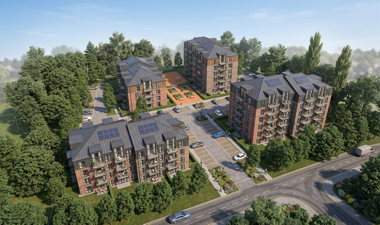 An aerial architectural photograph captured from an elevated perspective under soft daytime sunlight, perfectly preserving the layout, geometry, and placement of the four apartment buildings. The structures feature realistic textured brick and stone masonry, dark metal roofs, and reflective glass windows revealing subtle warm interior illumination, with potted flowers and occasional residents visible on the balconies. Parked cars occupy the paved brick parking bays alongside pedestrians walking along the pathways and asphalt road. Surrounding trees and lawns display authentic foliage textures, organic leaf density, and natural dappled shadows. Shot with a sharp tilt-shift architectural lens, the photograph exhibits true-to-life material physics, balanced daylight exposure, and faint atmospheric depth.