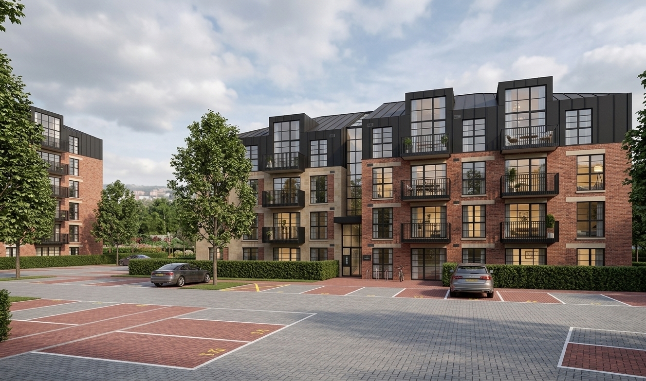 A realistic architectural daytime photograph capturing the exact modern four-story apartment building and parking layout, illuminated by crisp natural daylight paired with subtle, warm interior lights glowing through the large windows. The building features textured reddish-brown brickwork, light stone accents, and matte charcoal metal cladding on the top floor and balconies, adorned with small balcony planters and subtle silhouettes of residents. The paved foreground and parking bays feature realistic concrete and brick paving micro-textures, parked cars, and natural outdoor greenery including leafy trees and manicured hedges, all captured with a sharp wide-angle lens, realistic environmental reflections on glass, balanced contrast, and a natural sky.