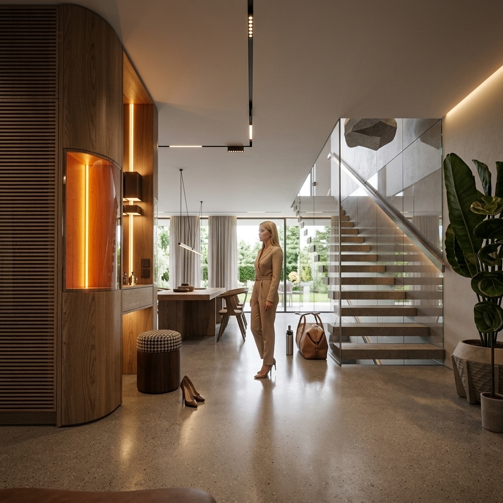 An incredibly lifelike, richly detailed, photorealistic eye-level wide architectural shot of a luxury minimalist foyer and entryway transitioning into an open living space set in a modern high-end residence on a bright summer midday. The scene is illuminated by moody, low-key warm 2700K integrated LED strip lighting grazing vertical millwork, a radiant amber-hued display niche, and diffused natural daylight entering through floor-to-ceiling rear glazing, creating a refined, intimate, and editorial atmosphere. Captured with a full-frame 28mm tilt-shift lens, emphasizing the fine aggregate and subtle satin sheen of the warm grey polished concrete floor, the continuous organic grain of book-matched European oak veneer wall panels, and the clean geometry of the illuminated cantilevered staircase. In the center, a poised blonde woman in a tailored beige jumpsuit stands naturally anchored with authentic contact shadows, framed by bespoke curved slatted cabinetry, a houndstooth vanity ottoman, sleek glass partitions, and a sculptural indoor plant that together complete this impeccably balanced, tactile interior.