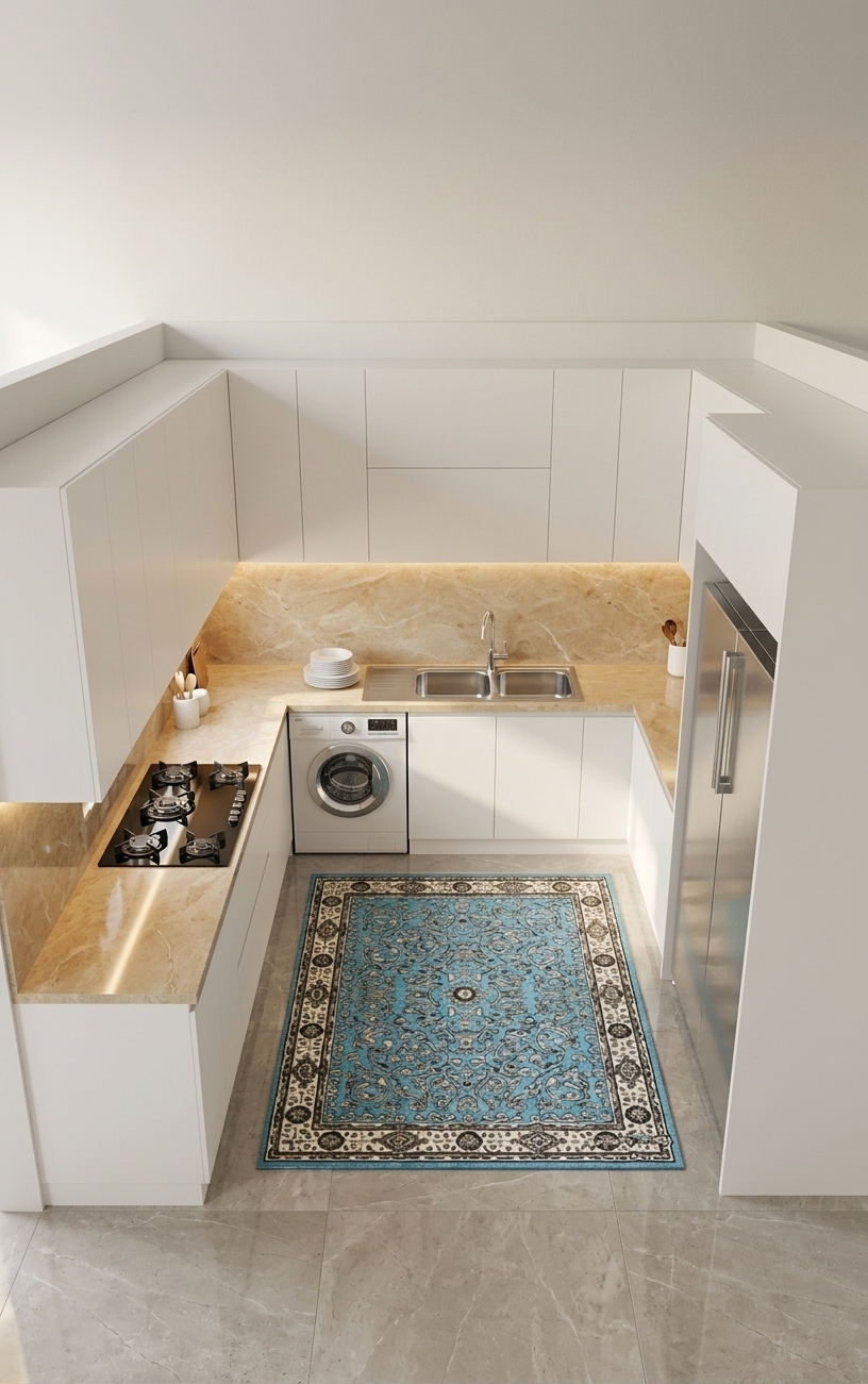 An incredibly lifelike, richly detailed, photorealistic elevated wide shot of a modern U-shaped kitchen set in an airy coastal home. The scene is illuminated by soft, sun-kissed natural daylight and subtle ambient under-cabinet glow, creating an inviting, light, and relaxed atmosphere. Captured with a 35mm architectural lens, emphasizing smooth matte-white cabinetry finishes, warm sandy-veined marble surfaces, and the intricate weave of the turquoise runner rug, the visualization presents a clean and functional culinary space. A black glass four-burner cooktop lines the left counter, leading toward a seamlessly integrated washing machine and a double-basin stainless steel sink beneath warm marble backsplashes, balanced on the right by a tall stainless steel refrigerator. The polished floor reflects subtle light beneath the ornate blue rug, bringing a vibrant nautical charm to the pristine, uncluttered design.