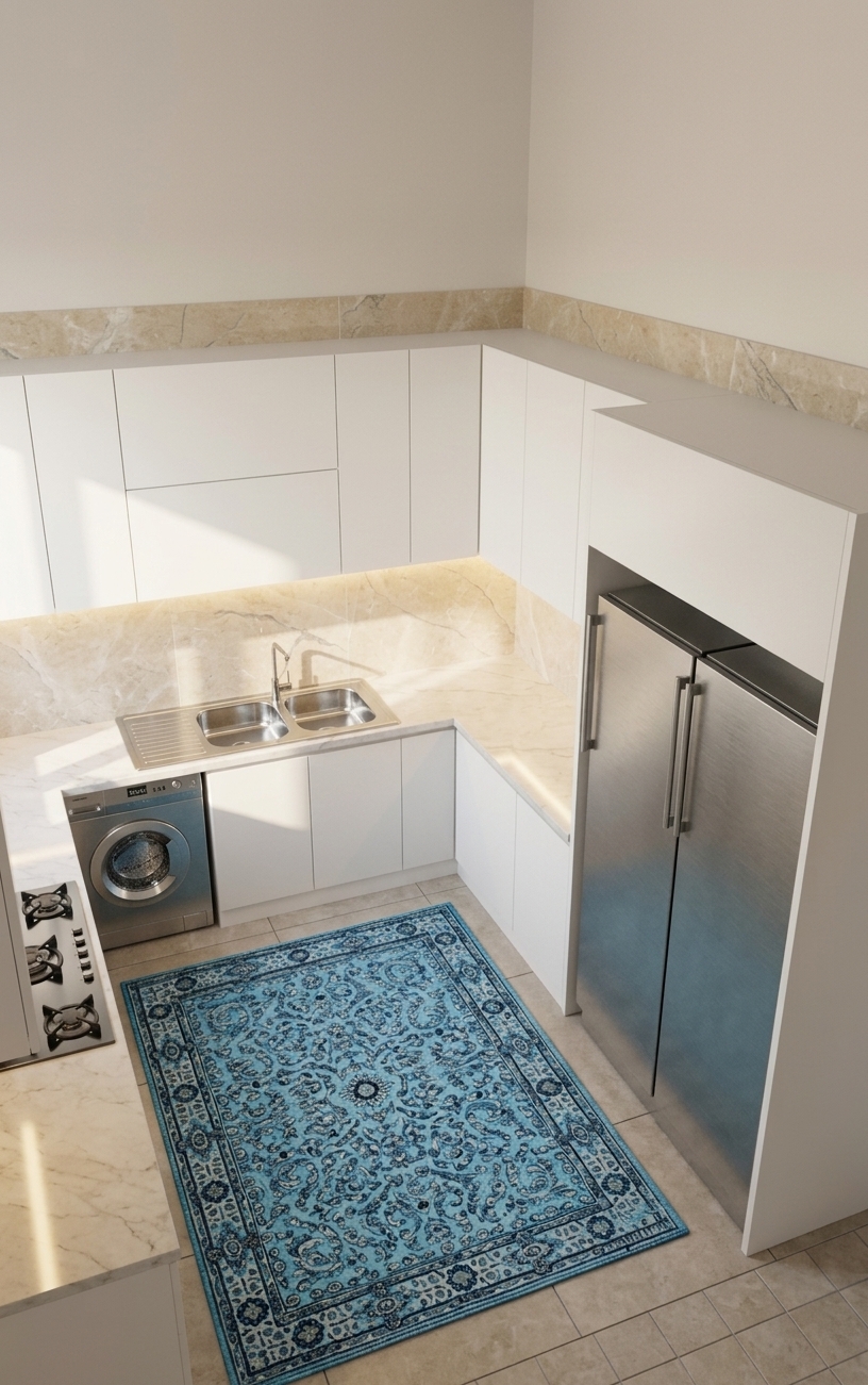 An incredibly lifelike, richly detailed, photorealistic high-angle interior shot of a coastal-inspired modern kitchen set in an airy seaside residence. The scene is illuminated by radiant, sun-kissed natural daylight and soft under-cabinet ambient glow, creating a fresh, relaxed, and inviting nautical atmosphere. Captured with a wide-angle architectural lens, emphasizing the smooth textures of seamless matte-white cabinetry, polished sandy-beige marble backsplashes, and stainless steel integrated appliances. Centered on the pristine, marble-tiled floor rests a vibrant azure-blue runner rug with intricate traditional motifs, echoing oceanic tones and anchoring the space with tactile warmth amidst the clean, uncluttered coastal layout.