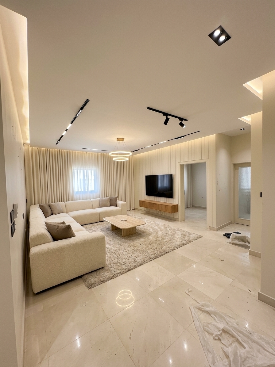 An incredibly lifelike, richly detailed, photorealistic wide-angle interior photograph of a beautifully transformed modern luxury living room set in an upscale contemporary residence. The scene is illuminated by warm recessed perimeter cove lighting, streamlined magnetic track lights, a glowing dual-ring halo chandelier, and soft diffused light filtering through drapery, creating a serene, inviting, and digital-zen atmosphere. Captured with a full-frame architectural camera and a crisp 16-35mm lens, emphasizing the tactile textures of bouclé upholstery, vertical cream shiplap grooves, flowing linen fabrics, and the smooth sheen of the tiled floor.

Preserving the room's exact architecture and perspective, the right-hand wall is elevated with sophisticated, floor-to-ceiling cream-colored shiplap paneling that hosts a seamlessly integrated, centered OLED television over a minimalist floating warm-oak media console. Across the far wall, full-height, floor-to-ceiling ivory curtains hang in graceful, tailored folds, beautifully dressing the window wall in sheer opulence. Anchoring the left side, a generously proportioned yet perfectly scaled U-shaped sectional sofa upholstered in plush, cream-toned textured fabric faces the TV, styled with soft taupe and beige accent pillows. A sprawling, high-pile neutral area rug unifies the space beneath a low-profile organic stone coffee table, maintaining seamless circulation, pristine balance, and a warm, uncluttered elegance throughout.
