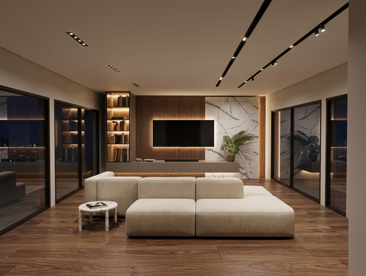 An incredibly lifelike, richly detailed, photorealistic wide-angle interior shot of a luxurious living room infused with Art Deco glamour set in an elegant modern penthouse. The scene is illuminated by recessed linear track lighting and warm ambient shelf illumination, creating an opulent yet intimately chic atmosphere. Captured with a professional full-frame architectural camera, emphasizing the rich grain of wide-plank wood flooring, tactile cream upholstery, fluted walnut wall slats, and dramatic marble veining. Centered in the space is a modular, low-profile beige sectional complemented by a polished marble side table topped with a curated photography book. Flanking the room are expansive, dark-framed floor-to-ceiling glass sliding doors that reflect the interior light, while the sophisticated feature wall seamlessly unites backlit display shelving, a streamlined floating media console, a mounted television, and an extravagant white marble slab accented with sculptural botanical decor.