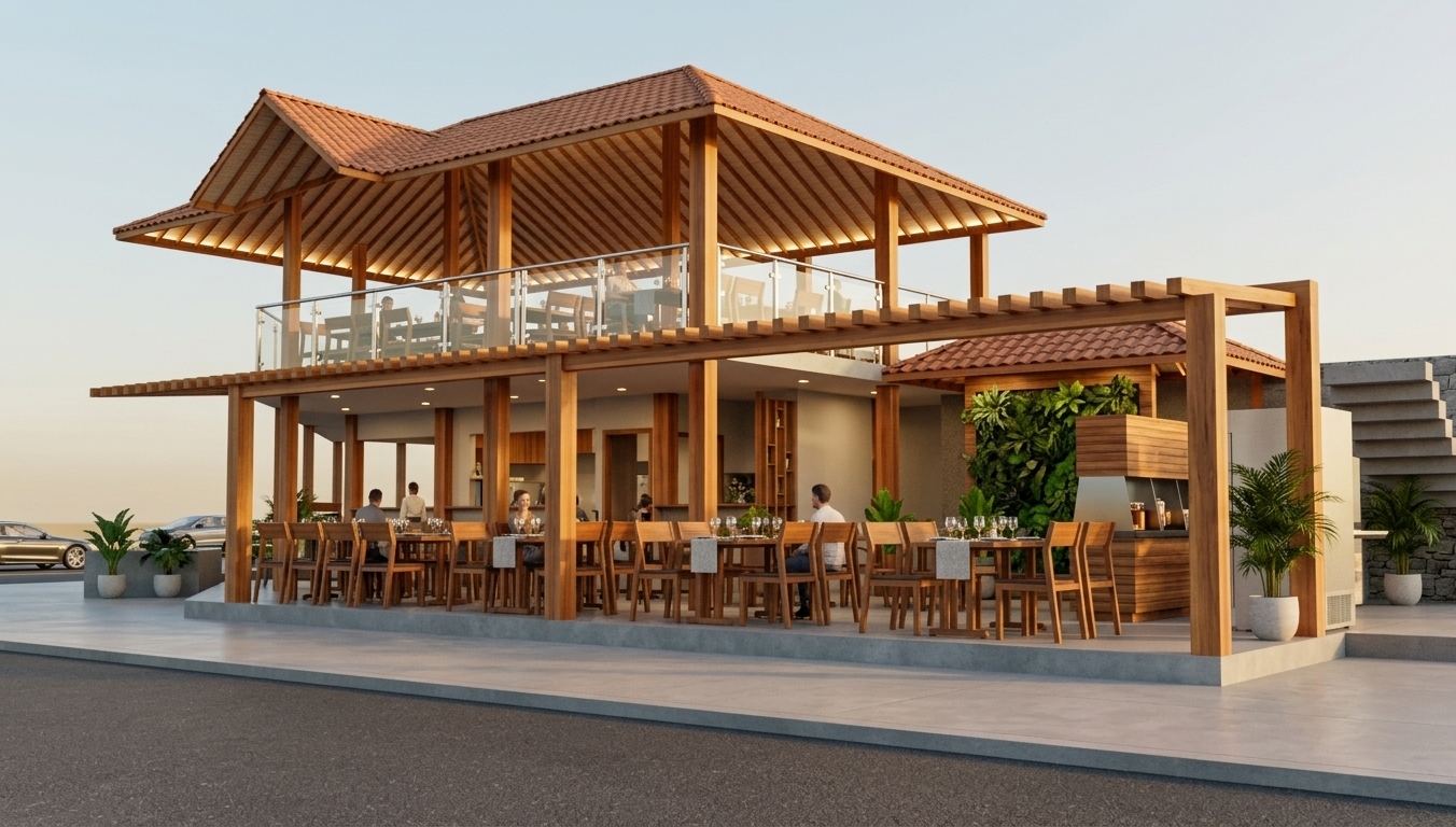 An incredibly lifelike, richly detailed, photorealistic exterior three-quarter view of a contemporary two-story open-air timber restaurant pavilion and outdoor patio set in a vibrant tropical resort setting. The scene is illuminated by warm golden-hour daylight seamlessly blended with subtle, recessed warm-white LED architectural lighting installed beneath the exposed timber beams and ceiling soffits, creating an inviting, sophisticated, and relaxed atmosphere. Captured with a professional 24mm tilt-shift architectural lens, emphasizing the rich natural grain of the polished cedar posts, textured terracotta roof tiles with exposed underside wood rafters, and pristine tempered-glass balcony railings.

The ground-floor dining terrace features smooth polished concrete floors arranged with neatly set solid-wood dining chairs and tables adorned with sparkling glassware and subtle table settings, occupied by scattered, relaxed patrons enjoying their evening. A lush vertical living green wall adds vibrant organic texture behind the custom timber-clad buffet and beverage station on the right. Overhead, the pergola and upper dining deck display crisp structural timber joinery, while the upper level provides an elevated open-air lounge bordered by crystal-clear glass balustrades with polished stainless-steel posts. In the soft-focus foreground, a clean asphalt driveway subtly integrates realistic passing vehicles in the distance, enhancing the true-to-life commercial vibrancy without obstructing the refined architectural showcase.