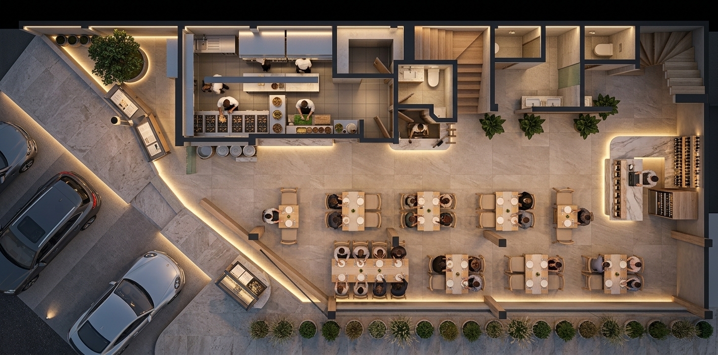 An incredibly lifelike, richly detailed, photorealistic top-down architectural photograph of the vibrant "Traveler's Trove" restaurant and bar set in an upscale culinary district. The scene is illuminated by warm recessed LED linear lighting, ambient cove glows along the walls, and sleek spotlighting over the dining areas, creating an inviting, sophisticated, and dynamic evening atmosphere. Captured with a high-resolution architectural medium-format camera and ultra-sharp wide lens, emphasizing the rich textures of polished porcelain tile flooring, natural blonde-oak dining furniture, gleaming stainless steel industrial kitchen appliances, and smooth marble countertops at the reception and bar station. Lively patrons are seated at the meticulously arranged tables with crisp table runners and fine dining ware, while busy culinary staff move along the kitchen prep lines. Outside the angled entrance patio and adjacent driveway, sleek modern vehicles are parked under soft exterior LED accents, perfectly balancing refined luxury finishes with an energetic, functional hospitality space.