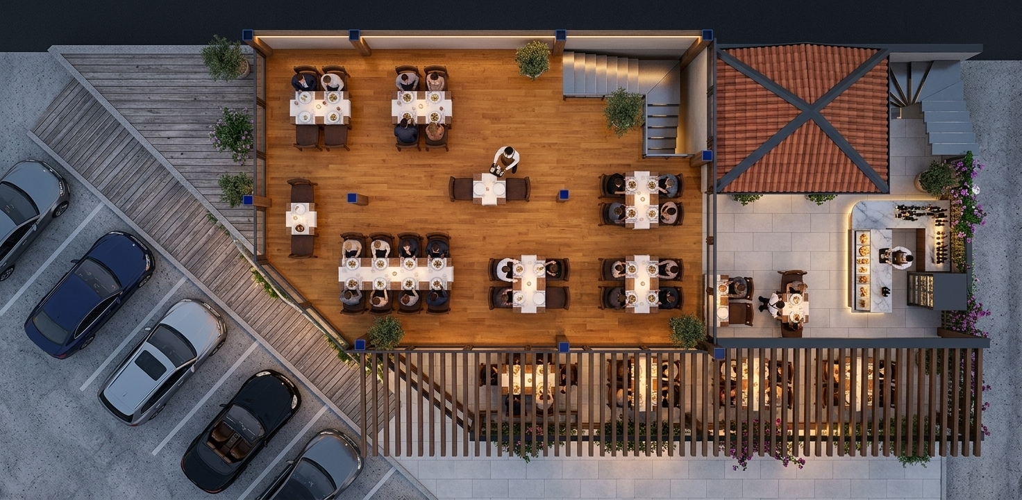 An incredibly lifelike, richly detailed, photorealistic top-down architectural photograph of a bustling, upscale traveler’s trove restaurant and outdoor patio set in an inviting urban landscape. The scene is illuminated by warm recessed LED strip lighting tucked into the architectural beams, subtle under-counter glows, and soft ambient table lights, creating an elegant and cozy evening atmosphere. Captured with a high-resolution aerial camera and a wide-angle lens, emphasizing the rich, polished honey-oak parquet floors, crisp light-gray terrace stonework, and fine dark timber of the expansive pergola. Nicely dressed patrons are seated throughout, enjoying wine and beautifully plated dinners across tables dressed in pristine white runners, while focused staff attend the sleek marble cocktail bar and food display counters. Beside the angled deck on the left, modern luxury vehicles are smoothly parked along the driveway, with every structural element—from the terracotta pavilion roof and winding steel staircase to the rhythmic slatted wood shading the outdoor terrace—rendered with exquisite architectural craftsmanship.