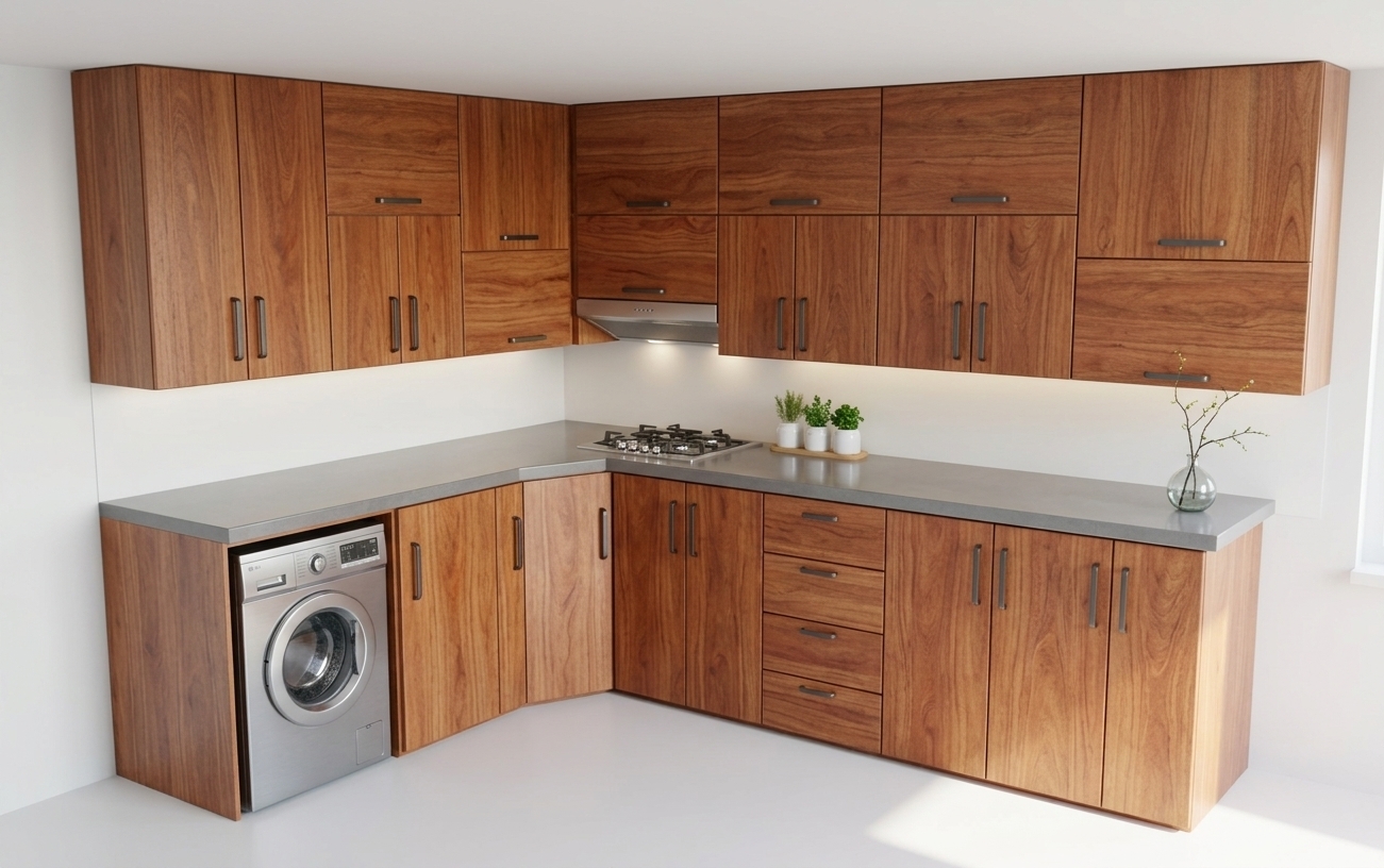 An incredibly lifelike, richly detailed, photorealistic eye-level interior photo of a contemporary L-shaped kitchen set in an airy coastal residence during a bright spring midday. The scene is illuminated by soft, natural coastal daylight streaming across the room paired with subtle, warm interior accent lighting, creating a calm, fresh, and inviting atmosphere. Captured with a 35mm architectural lens, emphasizing the rich, organic grain and satin sheen of the premium natural red hardwood cabinetry, the matte dark hardware pulls, and the cool, polished texture of the gray solid-surface countertop. The design flawlessly incorporates the flush-mounted stainless steel washing machine on the left, a minimalist drop-in gas hob near the corner, and a sleek under-cabinet range hood, with crisp white backsplashes and realistic soft-contact shadows grounding every high-end detail in photorealistic perfection.