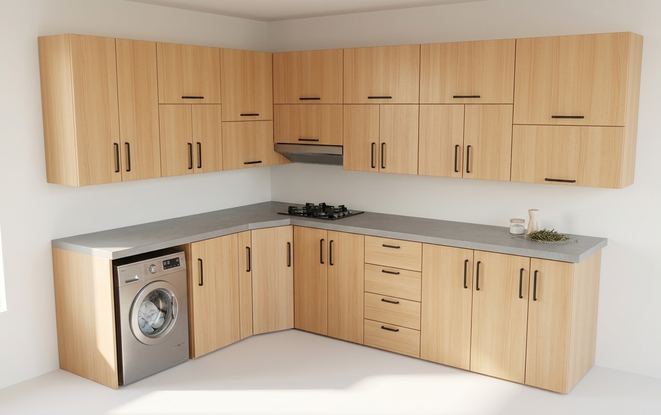 An incredibly lifelike, richly detailed, photorealistic eye-level interior shot of a contemporary L-shaped modular kitchen set in a bright, sun-drenched coastal residence. The scene is illuminated by soft, diffused midday spring sunlight streaming from an off-frame window, creating a serene, airy, and warmly inviting atmosphere. Captured with a professional 35mm architectural lens at f/8, emphasizing the authentic, ultra-fine wood grain of the light natural beech cabinetry, subtle satin reflections, and crisp material textures. 

The cabinetry features beautifully matched, honey-beige beech veneers with delicate vertical graining and sleek, matte black linear handles. A solid, light slate-gray composite stone countertop spans the corner configuration, fitted seamlessly with a flush-mount black cooktop beneath a slim, integrated stainless steel range hood. At the left base, a premium brushed metal front-loading washing machine integrates neatly into the tailored cabinetry run, its reflective glass door and subtle LED display catching the ambient daylight. Soft, natural ambient occlusion and precise contact shadows anchor the units against pristine off-white walls, evoking a refined, clutter-free culinary space.