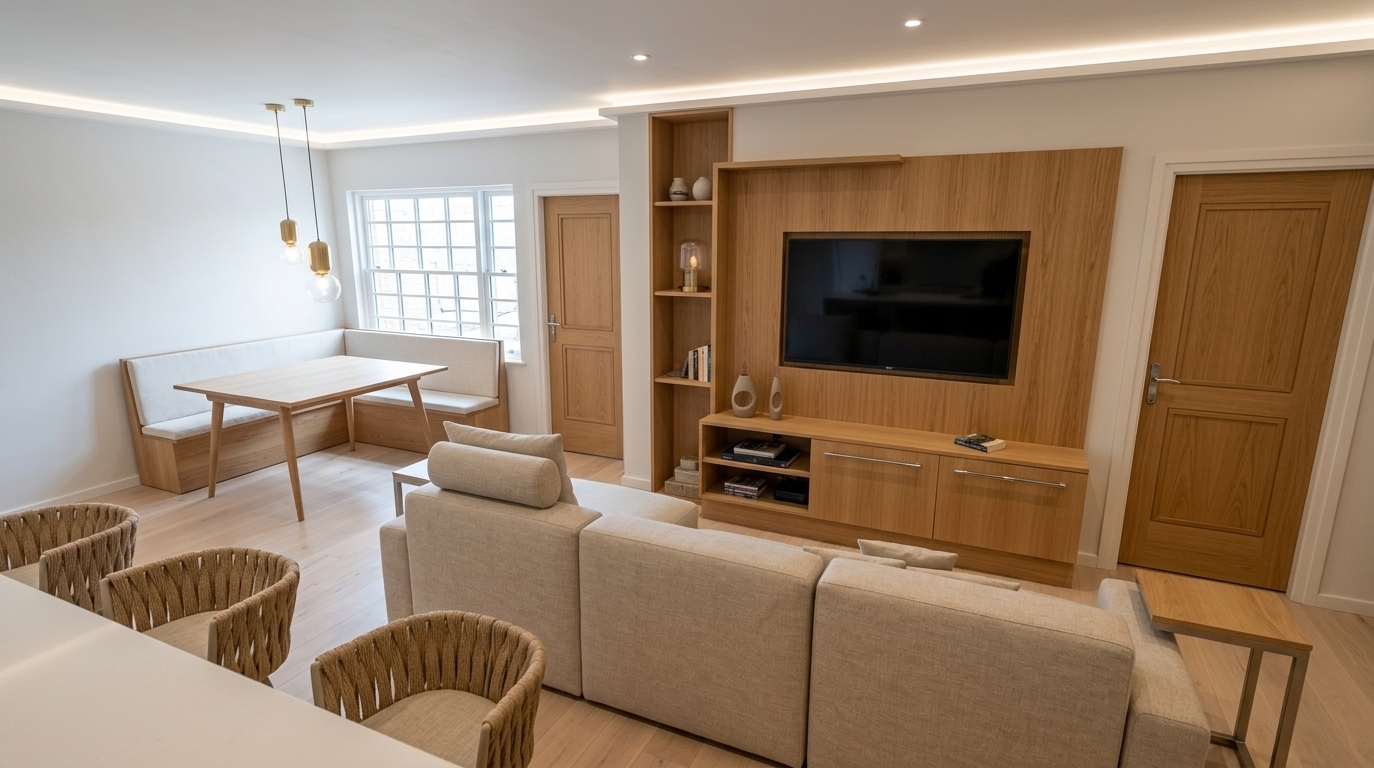 An incredibly lifelike, richly detailed, photorealistic wide-angle interior shot of a modern open-concept living room and dining nook set in a serene urban home. The scene is illuminated by crisp, diffused midday daylight streaming through the window and complemented by subtle ceiling glow and warm pendant lights, creating a tranquil, sophisticated, and uncluttered atmosphere. Captured with a 24mm tilt-shift lens, emphasizing the tactile vertical grain of the light oak media wall, the supple fabric of the plush modular sofa, and the intricately textured rope-weave accent chairs in the foreground. The composition highlights seamless spatial flow, featuring a built-in entertainment unit with sleek cabinetry below a mounted flat-screen TV, a cozy Scandinavian-style corner banquette dining area, and smooth pale timber flooring that enhances the clean, minimalist, and modern aesthetic.