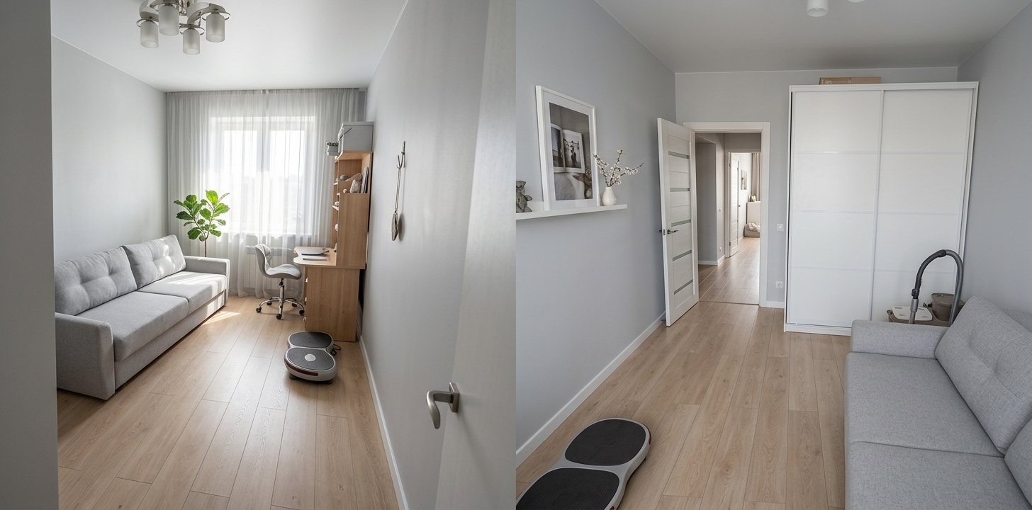 An incredibly lifelike, richly detailed, photorealistic wide-angle interior shot of a minimalist home office and study haven set in a bright, modern urban apartment. The scene is illuminated by soft, diffused midday spring sunlight pouring through large sheer-draped windows, creating a serene, peaceful, and productive atmosphere. Captured with a 24mm architectural lens, emphasizing clean geometric lines, the matte texture of pale dove-gray and crisp white walls, and the smooth grain of light Scandinavian oak flooring. 

In place of the former clutter, the space features a streamlined, floating natural wood desk paired with an elegant brushed-metal ergonomic chair. The opposite wall hosts seamless, floor-to-ceiling flush cabinetry in a soft monochromatic white finish, completely concealing storage. Minimalist decor graces the room: a single curated photography book rests on the pristine desk surface, a minimalist ceramic vase holds delicate spring blossoms, and a large textured abstract canvas in muted pastels hangs with gallery-like precision. In the sunlit corner by the window, a graceful potted indoor plant adds a refreshing touch of nature, perfectly balancing modern elegance with Zen-inspired functional calm.