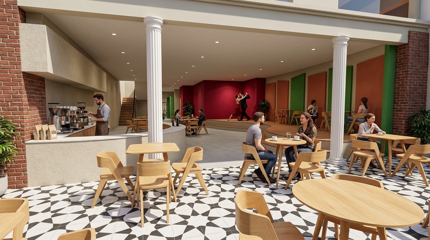 An incredibly lifelike, richly detailed, photorealistic wide-angle shot of a vibrant Buenos Aires cafe patio infused with Moroccan mystique, set in a lively urban courtyard. The scene is illuminated by bright midday spring sunlight filtering under the covered veranda to cast crisp, dynamic geometric shadows, creating an energetic, passionate atmosphere. Captured with a professional 24mm architectural lens, emphasizing the bold black-and-white patterned encaustic floor tiles, textured red brick pillars, and sleek light-wood furniture. In the foreground and midground, patrons sit at minimalist blonde-wood tables sipping espresso and chatting, while to the left, a barista tends to gleaming stainless steel espresso machines behind the textured counter. In the background beneath the dramatic crimson accent wall, an elegant couple is caught mid-motion performing an authentic tango on the raised stage, perfectly framed by classic white fluted columns and vivid green-and-terracotta architectural color blocking.