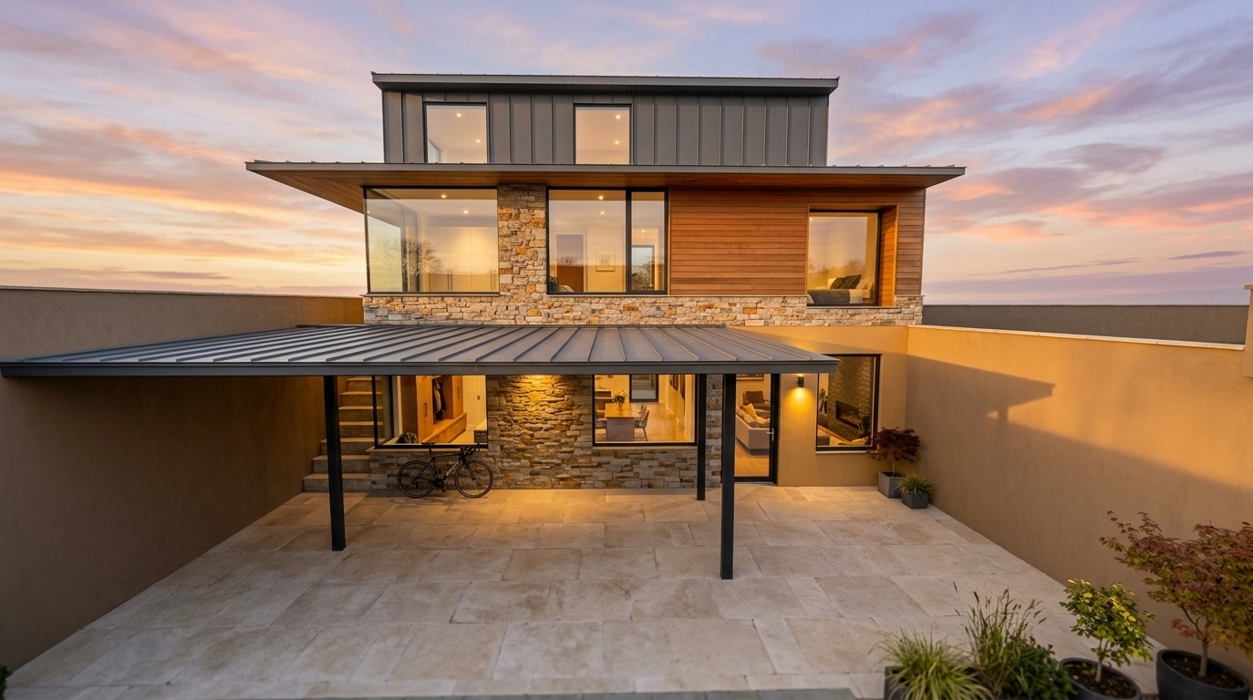 An incredibly lifelike, richly detailed, photorealistic wide-angle exterior architectural shot of a contemporary multi-level residential haven set in a tranquil private courtyard during a crisp spring sunset. The scene is illuminated by the radiant golden glow of the setting sun paired with soft, inviting interior luminescence, creating a warm, sophisticated, and utterly peaceful minimalist atmosphere. Captured with a 24mm architectural tilt-shift lens, emphasizing tactile natural stone cladding, warm teak wood paneling, smooth earthy stucco finishes, and the crisp sheen of the corrugated metal roofing. Following the precise layout of openings, large black-framed glazing and expansive windows reveal glimpses of an organized mudroom and stylish living quarters inside, perfectly reflecting the pastel-streaked twilight sky. The lower ground floor features a crisp, ochre-tinted accent volume on the right and a sheltered outdoor entryway supported by sleek matte-black steel columns beneath a refined standing-seam metal canopy. Smoothly textured limestone pavers pave the wide courtyard, leading gracefully toward the recessed side staircase, while the surrounding privacy walls frame this modern, warm-toned sanctuary in breathtaking clarity and depth.