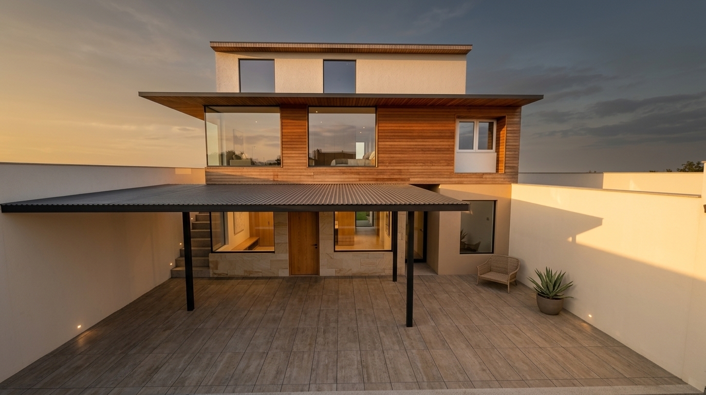 An incredibly lifelike, richly detailed, photorealistic wide-angle architectural photo of a modern three-story minimalist residence set in a private, sun-drenched suburban courtyard during a warm summer sunset. The scene is illuminated by the soft, golden radiance of the setting sun casting long, gentle shadows and washing the facade in amber tones, creating an inviting, tranquil, and sophisticated atmosphere. Captured with a full-frame camera equipped with a 24mm tilt-shift architectural lens, emphasizing the tactile textures of honed natural sandstone masonry, rich thermo-treated wood slats, smooth warm-beige stucco, and the sleek industrial sheen of the corrugated metal roof canopies. The ground level showcases a beautifully crafted solid oak front door centered precisely between two large, floor-to-ceiling glass windows leading to a luminous interior mudroom and foyer, all sheltered beneath a crisp, cantilevered metal awning supported by matte-black steel posts over textured porcelain courtyard pavers. A bold, warm ochre-yellow rendered volume accents the right ground-floor window, perfectly complementing the horizontally paneled timber midsection, generous panoramic glazing that reflects the soft twilight sky, and the upper setback finished in textured off-white plaster, all seamlessly framed by sleek, contemporary boundary walls that complete this minimalist haven.