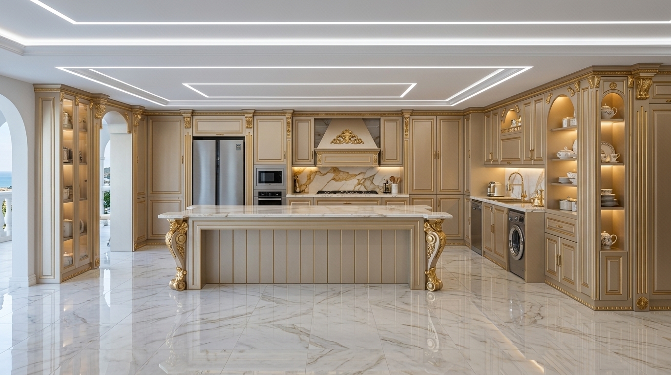 An incredibly lifelike, richly detailed, photorealistic wide-angle interior shot of a luxurious classical kitchen set in an elegant coastal estate. The scene is illuminated by crisp geometric recessed ceiling LEDs and warm ambient under-cabinet cove lighting, subtly kissed by soft natural daylight evoking a refreshing coastal breeze, creating a sophisticated and grand atmosphere. Captured with a professional 24mm architectural tilt-shift lens, emphasizing the satin champagne-lacquered cabinetry, exquisite gilded gold accents and moldings, and the crystal-clear reflections dancing across the polished Calacatta marble floor tiles. The meticulously arranged layout features a statuesque central island flanked by ornate carved corbels, seamlessly built-in premium appliances, and a lavish gold-veined marble backsplash beneath a neoclassical decorative range hood.