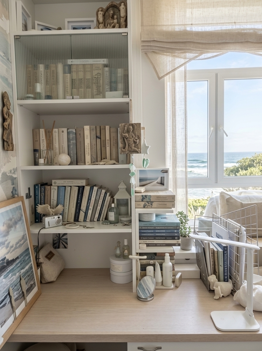 An incredibly lifelike, richly detailed, photorealistic eye-level interior shot of a minimalist home office workspace set in a bright, sun-drenched coastal retreat. The scene is illuminated by soft, diffused morning sunlight streaming through sheer natural linen roman shades, creating an airy, serene, and revitalizing atmosphere. Captured with a full-frame mirrorless camera with a 35mm f/1.8 lens, emphasizing the fine natural grain of a pale bleached-oak desktop, smooth matte-white built-in floating shelves, and subtle textures of ceramic and sea-glass decor. The once-cluttered workspace is radically streamlined into an elegant, functional sanctuary: books are neatly organized behind fluted glass cabinet fronts and punctuated by a few curated, linen-bound volumes on display; a sleek, wireless architectural task lamp in matte white anchors the corner; and hidden cable raceways ensure a completely wire-free surface. Outside the expansive window, a gentle ocean breeze rustles through coastal foliage under an open blue sky, fostering an inspiring, perfectly balanced environment for mindful focus and creativity.