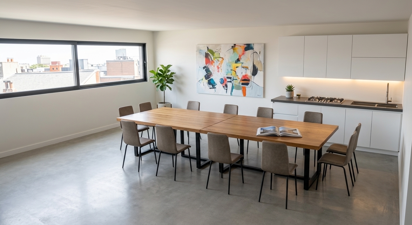 An incredibly lifelike, richly detailed, photorealistic wide-angle interior shot of a modern fusion open-concept dining room and kitchenette set in a sleek urban loft. The scene is illuminated by soft, natural daylight pouring through the expansive horizontal window, complemented by warm under-cabinet LED strip lighting, creating an airy, clean, and dynamic atmosphere. Captured with an architectural full-frame 24mm lens, emphasizing the rich, organic grain of the polished oak modular tabletops juxtaposed against bold, matte black geometric steel bases. Smooth, handleless white cabinetry and charcoal-toned quartz countertops anchor the kitchen zone, which is outfitted with a streamlined gas stovetop and refined metallic fixtures. Seamless light gray concrete flooring grounds the space, while contemporary taupe dining chairs add ergonomic elegance. Minimal yet impactful decor, including an open art photography book on the table, a dynamic abstract canvas bringing vibrant accents to the neutral walls, and a touch of lush indoor greenery, elevates this sophisticated, industrial-inspired interior.