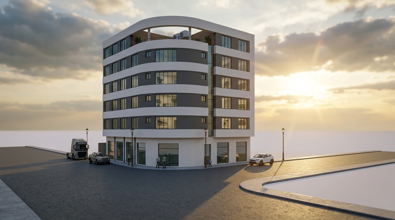 An incredibly lifelike, richly detailed, photorealistic wide-angle exterior architectural photo of a modern six-story residential and commercial building set in an open urban corner during a tranquil spring evening. The scene is illuminated by the radiant, low-angled glow of a golden sunset piercing through dramatic cloud formations, creating a serene, elegant, and uncluttered atmosphere. Captured with a full-frame architectural tilt-shift lens, emphasizing the smooth textures of monochromatic white and charcoal facade paneling, tinted reflective glass windows, and crisp asphalt road surfaces. The streamlined structure showcases an inviting curved corner with ground-floor storefronts and an open-air rooftop patio retreat. Through the expansive upper-floor glazing, minimalist haven interiors are softly visible with zen-inspired furnishings, sleek metal and wooden furniture, potted indoor greenery, and subtle abstract wall art, embodying sophisticated modern functionality and serene city living.
