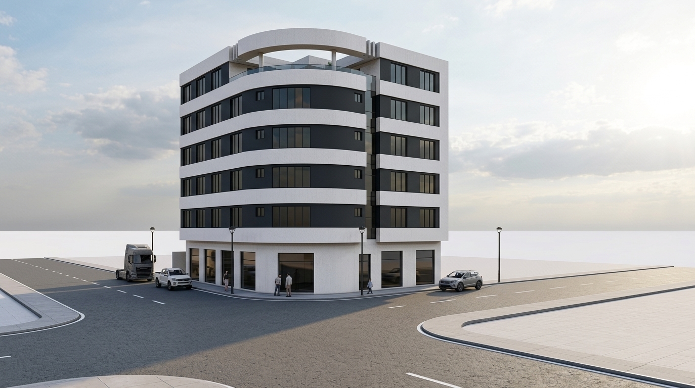 An incredibly lifelike, richly detailed, photorealistic wide-angle architectural photo of a sleek, six-story mixed-use corner building set in a tranquil spring urban environment. The scene is illuminated by the soft, luminous glow of the sun breaking through scattered clouds at late afternoon, creating a serene, sophisticated atmosphere. Captured with a high-end full-frame camera and a 24mm tilt-shift lens, emphasizing the building’s sweeping curved corner, alternating bands of crisp white cladding and deep charcoal finishes, and dark-tinted panoramic windows. At the street level, open pedestrian sidewalks and minimalist recessed storefronts form an uncluttered, modern presence, complemented by clean asphalt roads, slender streetlamps, and parked commuter vehicles, seamlessly blending functional urban design with an elegant, monochromatic aesthetic.