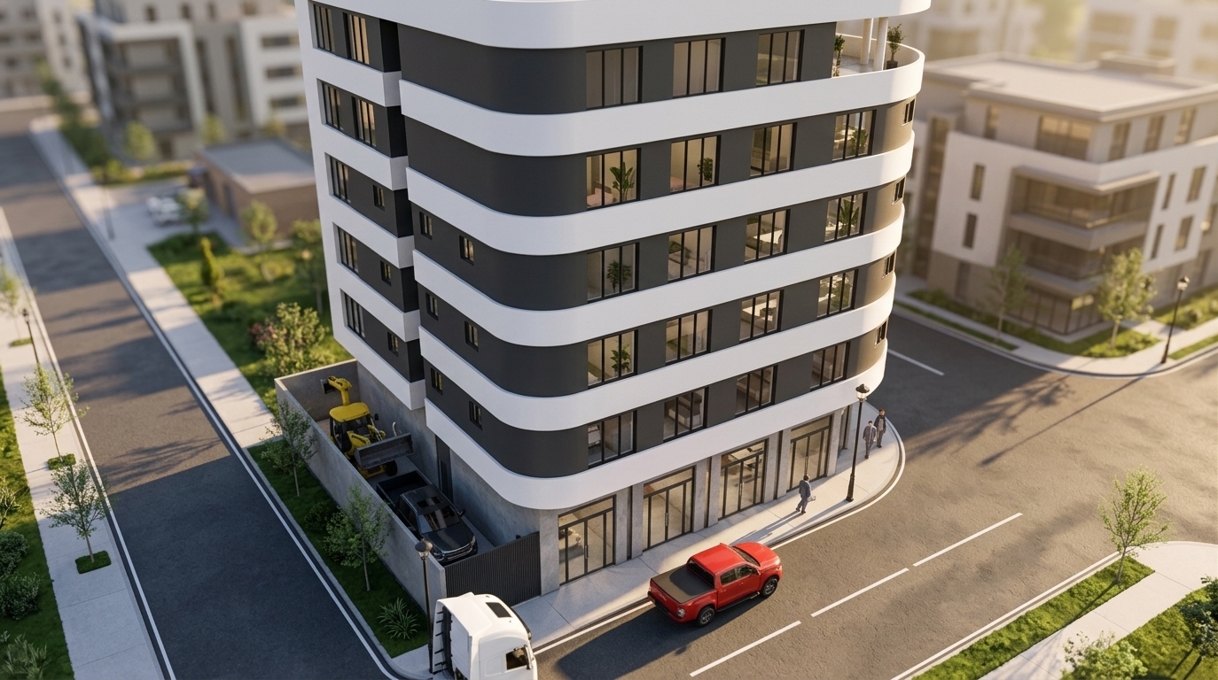 An incredibly lifelike, richly detailed, photorealistic high-angle architectural exterior shot of a contemporary multi-story mixed-use building set in an emerging modern urban corner during early spring. The scene is illuminated by the gentle, directional warmth of a low-angled sunset casting long, crisp diagonal shadows across the street, creating a serene, modern, and inviting atmosphere. Captured with a professional tilt-shift lens on a full-frame camera, emphasizing the dynamic contrast between the smooth matte charcoal cladding and the pristine white, ribbon-like curved facades. The ground floor reveals clean, functional commercial entry bays lined along a pristine sidewalk, while the expansive upper residential levels feature floor-to-ceiling tinted glass providing subtle glimpses of streamlined, minimalist haven interiors styled with zen-inspired furnishings, muted pastels, sleek metal accents, and leafy indoor plants. Outside, asphalt streets with vehicles and quiet paved walkways enhance the refined, clutter-free elegance of this high-end urban development.