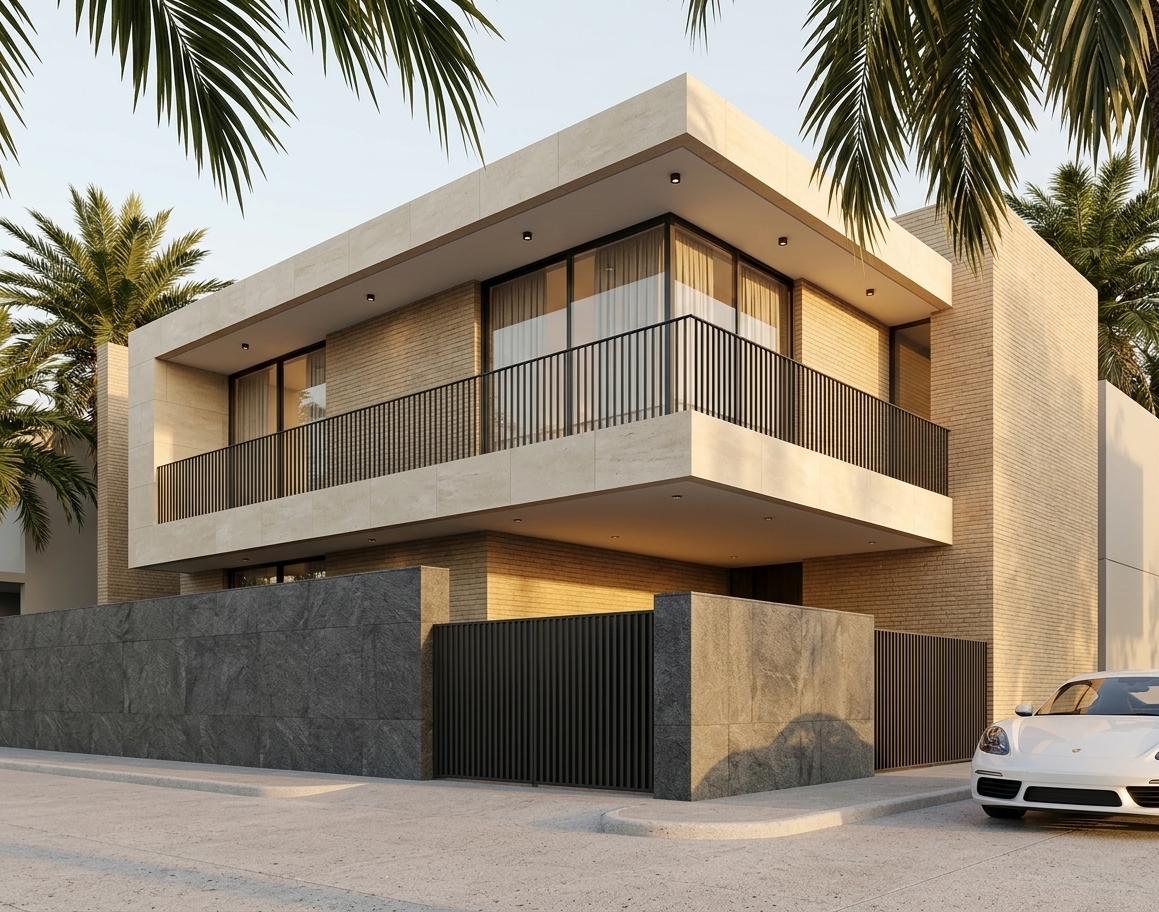 An incredibly lifelike, richly detailed, photorealistic wide-angle exterior architectural shot of a contemporary two-story luxury residence set in a serene, sunlit suburban streetscape. The scene is illuminated by warm, late-afternoon golden sunlight casting crisp, defined geometric shadows across the facade, creating an elegant, sophisticated, and peaceful atmosphere. Captured with a high-end tilt-shift lens on a full-frame architectural camera, emphasizing the fine rectilinear joints, diverse material textures, and precise linear proportions.

The architecture showcases a bold, cantilevered upper volume framed by clean white overhangs and clad in smooth, large-format beige limestone panels paired with finely textured warm sand-colored brickwork. A generous second-floor balcony wraps around the corner, secured by slim, matte-black vertical iron railings that run parallel to large floor-to-ceiling sliding glass doors draped in translucent, neutral-toned curtains. Underneath the deep soffits, minimalist recessed downlights are strategically placed.

At ground level, a textured charcoal-gray stone perimeter wall meets an elegant entrance gate composed of tall, dark graphite vertical slats that offer both privacy and architectural rhythm. The facade seamlessly blends mid-century modern sensibilities of linear simplicity and functional elegance with sleek contemporary detailing. Lush, mature palm fronds sweep into the frame from the top right and left, casting organic dappled shadows across the stone surfaces. In the lower right corner, the pristine front profile of a sleek white sports car is parked curbside along the light-toned concrete pavement, enhancing the scene's high-end residential context.