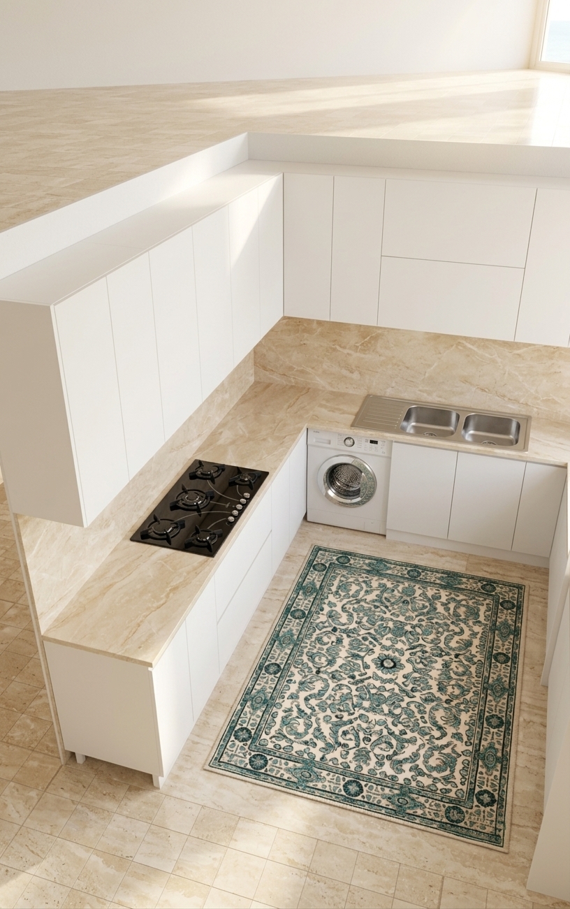 An incredibly lifelike, richly detailed, photorealistic high-angle perspective shot of a modern, open-concept kitchen set in a sunlit coastal residence. The scene is illuminated by bright, sun-kissed natural daylight reflecting gently across gleaming surfaces, creating an airy, fresh, and inviting atmosphere filled with a relaxing coastal breeze. Captured with a 35mm architectural wide-angle lens at a high f-stop, emphasizing the crisp matte white flat-panel cabinetry, luxurious sandy-beige veined marble backsplash, and the rich, woven detail of an ornate turquoise and sand-toned area rug spread across the polished stone floor. The functional layout features seamlessly integrated appliances including a sleek black glass gas cooktop, a front-loading washer tucked neatly beneath the seamless countertop, and a shimmering double-basin stainless steel sink, presenting an immaculate, clutter-free space that perfectly balances modern minimalism with tranquil beachside elegance.