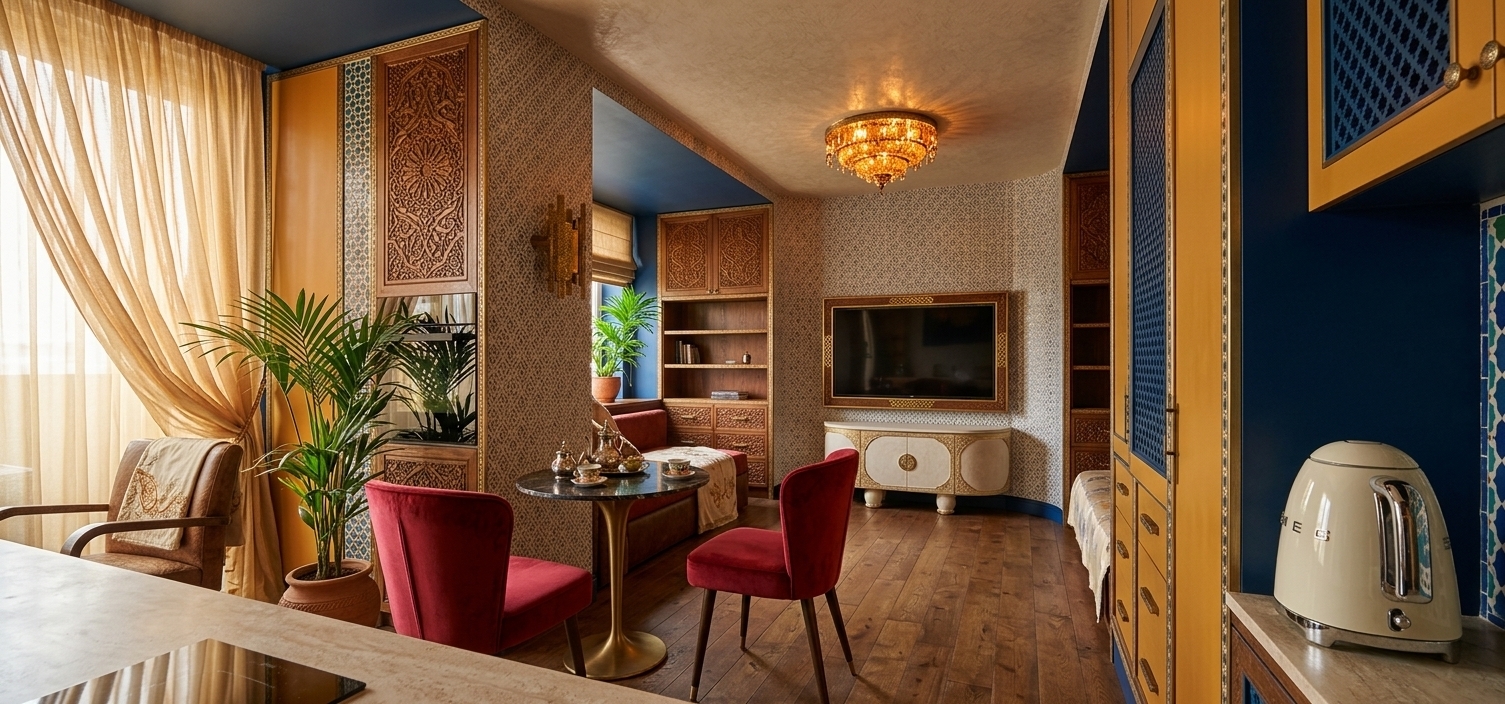 An incredibly lifelike, richly detailed, photorealistic wide-angle interior photograph of an opulent dining and living suite set in a modern Moroccan-inspired luxury residence. The scene is illuminated by soft, golden daylight filtering through flowing sheer drapes and the warm, amber glow radiating from an ornate brass-and-crystal chandelier, creating an exotic, sensual, and vibrantly inviting atmosphere. Captured with a professional 24mm architectural tilt-shift lens, emphasizing the intricate textures of hand-carved cedar woodwork, polished metal surfaces, and plush jewel-toned textiles. In the foreground, a sleek round bistro table crafted from polished dark marble and brushed gold metal is set with an authentic silver mint tea service and delicate ceramic ware, flanked by dining chairs upholstered in rich crimson velvet. Beyond the dining setup, the living area unfolds with deep sapphire-blue accent walls adorned with intricate geometric mosaic art, centered around a wall-mounted display above an artisanal credenza featuring hand-carved Middle Eastern arabesque patterns and gilded inlays. Verdant indoor palms and potted exotic foliage sit nestled near custom built-in cabinetry finished in warm saffron and gold trims, while patterned zellij-tiled accents and layered Moroccan textures throughout the open space evoke the refined beauty of a high-end design photography book.