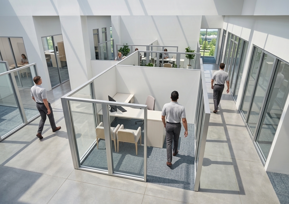 An incredibly lifelike, richly detailed, photorealistic elevated wide-angle shot of a sleek modern office interior set in a contemporary corporate building. The scene is illuminated by crisp, natural midday summer sunlight pouring in from above, creating a bright, vibrant, and sophisticated atmosphere. Captured with a professional full-frame camera using a 24mm tilt-shift lens, emphasizing the sleek brushed-aluminum partition frames, crystal-clear tempered glass panels, plush textured grey-blue carpeting, and minimalist matte white workstations. The dynamic layout showcases an elegant balance of transparency and structure, with professionals gracefully moving through the airy corridors and modern cubicle pods, epitomizing contemporary elegance and purposeful workplace design.