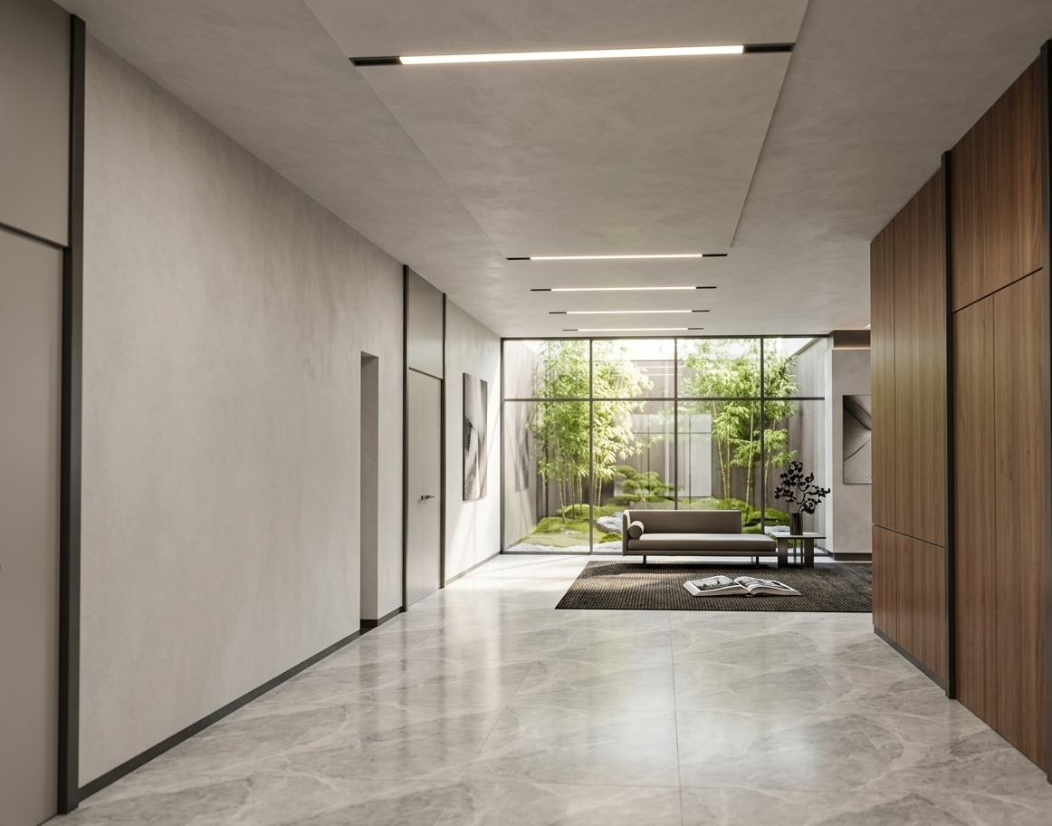 An incredibly lifelike, richly detailed, photorealistic eye-level wide shot of a modern luxury hotel lobby corridor set in a serene urban retreat. The scene is illuminated by soft daylight diffusing through the expansive floor-to-ceiling glass wall alongside sleek recessed linear ceiling lights, creating a tranquil, Zen-inspired, and sophisticated atmosphere. Captured with a professional 24mm architectural tilt-shift lens, emphasizing the pristine veined light gray marble flooring, seamless micro-cement plaster walls, and warm, rich walnut wood panel accents. The streamlined space features an uncluttered aesthetic with a dark textured area rug grounding the far lounge zone, complemented by subtle abstract wall art, a sculptural indoor plant, and low-profile minimalist furniture displaying an open photography book, embodying refined, monochromatic elegance.
