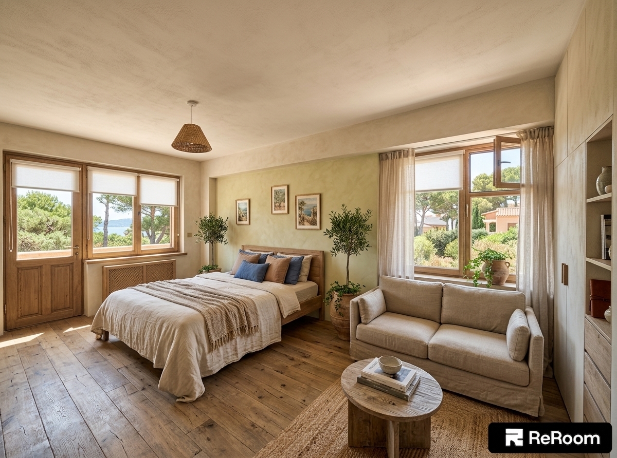 An incredibly lifelike, richly detailed, photorealistic wide-angle interior shot of a reimagined Mediterranean retreat bedroom set in a sun-soaked coastal villa. The scene is illuminated by bright midday summer sunlight cascading through expansive, breeze-filled windows, creating a relaxed, warm, and inviting atmosphere. Captured with a 35mm architectural lens, emphasizing raw lime-washed plaster walls, rich terracotta tiles, woven linen fibers, and weathered timber grains. 

The once-stark space transforms into an earthy coastal sanctuary, featuring tactile, sand-colored lime plaster walls accented by a warm terracotta accent wall showcasing framed Mediterranean landscape photography. The bed is restyled with a low-profile rustic oak frame dressed in layered, rumpled natural linens of bleached cream, sun-faded cobalt blue, and earthy clay. In the lounge corner, a relaxed, neutral linen-slipcovered loveseat sits atop a braided jute rug, centered around a hand-carved rustic wooden coffee table adorned with a curated photography book and artisanal ceramic vessels. Potted potted olive trees and trailing greenery in aged terracotta urns flank the sunny windows, where gentle sheer curtains catch the summer breeze and frame views of lush outdoor foliage, completing this rustic, sun-drenched haven.