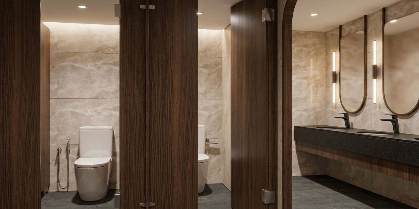 Photorealistic architectural photograph of the modern commercial restroom, maintaining the exact layout, geometry, and perspective. The scene features a clean white ceiling illuminated by soft, recessed ambient lighting. Realistic material textures are emphasized throughout, including deep grain on the rich dark wood stall partitions, polished ceramic gloss on the white toilets, and authentic sheen on the light marble tile walls. The vanity area showcases matte black granite countertops with natural stone texture, sleek modern faucets, and glowing vertical tube wall sconces flanking rounded mirrors with soft ambient reflections. Natural shadows, subtle surface imperfections, crisp depth of field, and balanced warm-neutral indoor color temperature capture an authentic, professionally photographed interior.