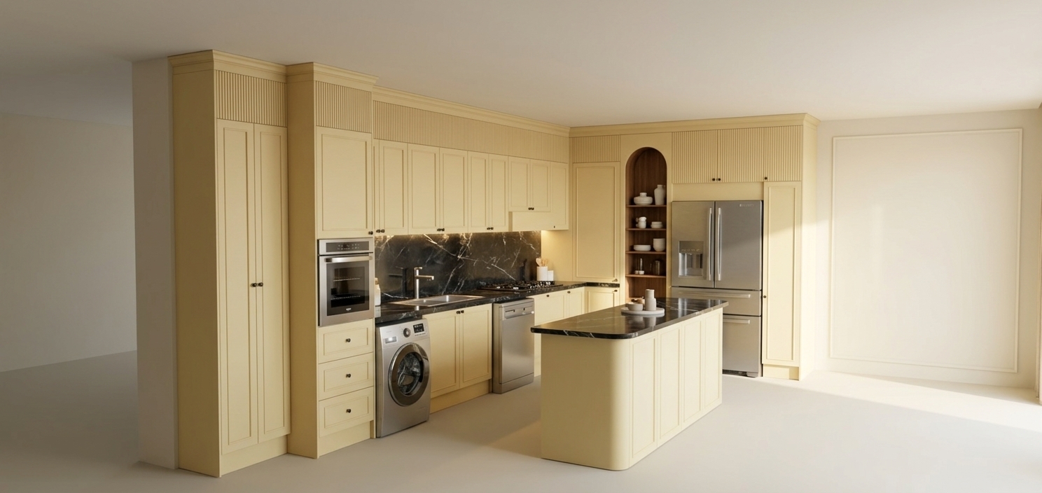 An incredibly lifelike, richly detailed, photorealistic wide-angle interior shot of an elegant transitional kitchen set in a sunlit coastal residence. The scene is illuminated by soft daylight and warm under-cabinet recessed lighting, creating an inviting, airy atmosphere with a relaxed coastal breeze feel. Captured with a 24mm architectural tilt-shift lens, emphasizing the smooth matte finish of the soft buttermilk-yellow shaker cabinetry, delicate fluted upper moldings, and the glossy reflections on the deep black veined marble countertops and full-height backsplash. The L-shaped configuration seamlessly integrates stainless steel appliances—including a built-in oven, front-load washer, dishwasher, and French-door refrigerator—balanced by an elegant arched display niche with rich wood accents. In the foreground, a coordinating island with a gracefully rounded corner grounds the composition, while subtle reflections on the polished chrome fixtures and minimalist decor bring refined, lived-in luxury to the space.
