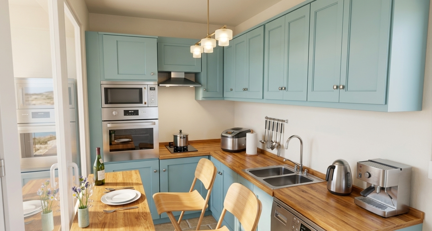 An incredibly lifelike, richly detailed, photorealistic wide-angle interior shot of a charming, compact kitchen and breakfast counter set in a sun-drenched coastal summer home. The scene is illuminated by bright, clear midday natural light paired with the warm downward glow of contemporary pendant lights, creating an airy, light, and relaxed beachy atmosphere. Captured with a professional 24mm tilt-shift lens, emphasizing the smooth matte finish of the soft seafoam-blue cabinetry, the organic warm grain of the honey-toned wooden countertops, reflective stainless steel appliances, and the inviting textures of natural wood dining chairs arranged for a casual, sun-kissed meal.