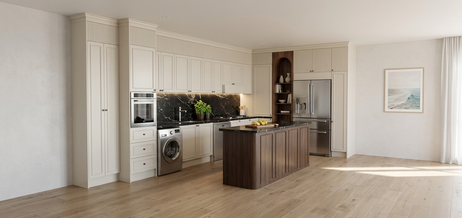 An incredibly lifelike, richly detailed, photorealistic eye-level wide interior shot of a luxurious transitional kitchen set in an airy, sunlit coastal home. The scene is illuminated by bright, natural midday spring sunlight streaming from an off-frame window, gently balanced by warm under-cabinet task lighting that casts soft, luminous reflections across the polished surfaces, creating a fresh, sophisticated, and inviting atmosphere. Captured with a professional 24mm tilt-shift lens, emphasizing the tactile contrasts between the fluted satin-cream cabinetry, the dramatic white-veined black marble backsplash and countertops, and the smooth, curved base of the deep-toned wood island. The layout features high-end integrated stainless steel appliances—including a built-in wall oven, under-counter washing machine, dishwasher, and French-door refrigerator—flanked by an elegant arched walnut shelving alcove. Realistic styling details such as a potted basil plant by the chrome faucet, a wooden cutting board with sliced lemons, and subtle ceramic vessels on the open shelves bring life, depth, and pristine architectural authenticity to the space.