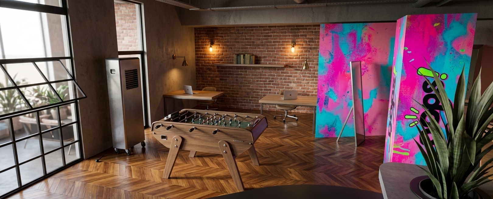 An incredibly lifelike, richly detailed, photorealistic wide-angle interior shot of a modern creative office set in an open industrial loft environment. The scene is illuminated by soft daylight streaming through large, black-framed factory windows blended with the warm, inviting glow of activated wall-mounted vintage sconces, creating a dynamic and inspiring atmosphere. Captured with a professional 24mm architectural lens, emphasizing rich herringbone hardwood floors, tactile red brickwork, raw concrete surfaces, and an exposed industrial ceiling with conduits and ductwork. 

At the center stands a finely crafted wooden foosball table with sleek metal hardware, surrounded by minimalist workstations with laptops and ergonomic chairs. A striking, vibrant accent wall bursts with intense splashes of electric pink, cyan, and neon hues, contrasting vividly against the muted concrete and brick tones. Lush potted greenery in the foreground and natural light casting soft directional shadows add depth, polish, and sophisticated realism to this energetic collaborative workspace.