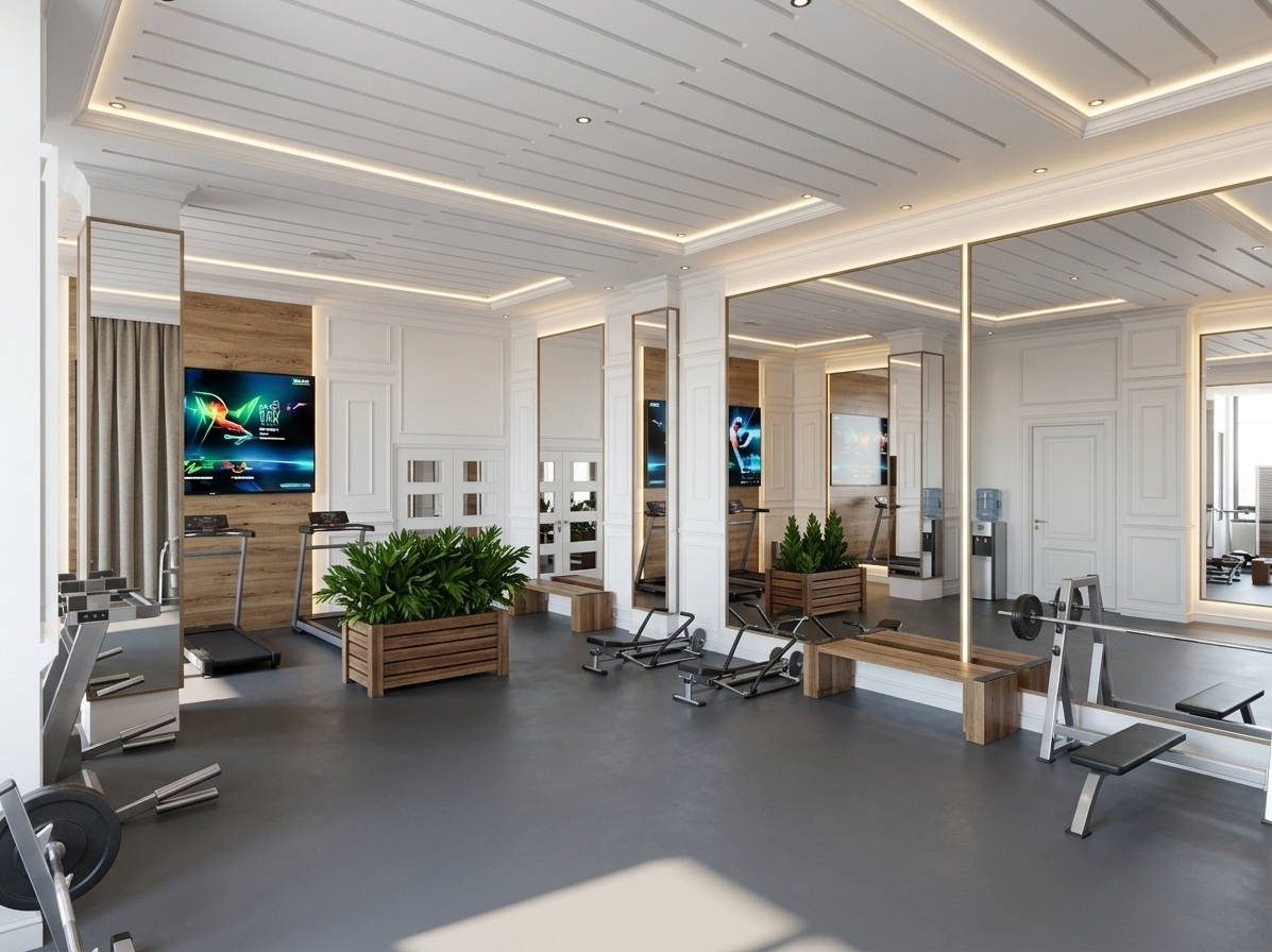 An incredibly lifelike, richly detailed, photorealistic wide-angle interior shot of a modern fitness gym set in a sleek corporate office environment. The scene is illuminated by crisp, natural summer midday daylight seamlessly blended with warm concealed LED strip lighting recessed into the linear ceiling grooves and behind expansive wall mirrors, creating a refreshing, bright, and invigorating minimalist haven. Captured with a professional 24mm architectural tilt-shift lens, emphasizing the seamless texture of the slate-grey linoleum flooring, pristine white classic wall mouldings, and the tactile natural grain of the wooden planter and accent panels. 

The well-proportioned workout space features high-end fitness amenities, including professional treadmills positioned before a rich timber feature wall with an active, vivid high-definition screen display, alongside bench press stations, rowing machines, and sleek weight racks. Expansive full-height mirrors expand the visual depth, reflecting realistic lush green foliage from a slatted wooden planter box, an elegant white interior door, and a modern freestanding water dispenser neatly integrated into the corner. Crowned by a detailed white moulded cornice and a clean architectural coffered ceiling, the room exudes effortless luxury and ergonomic functionality tailored for executive wellness.