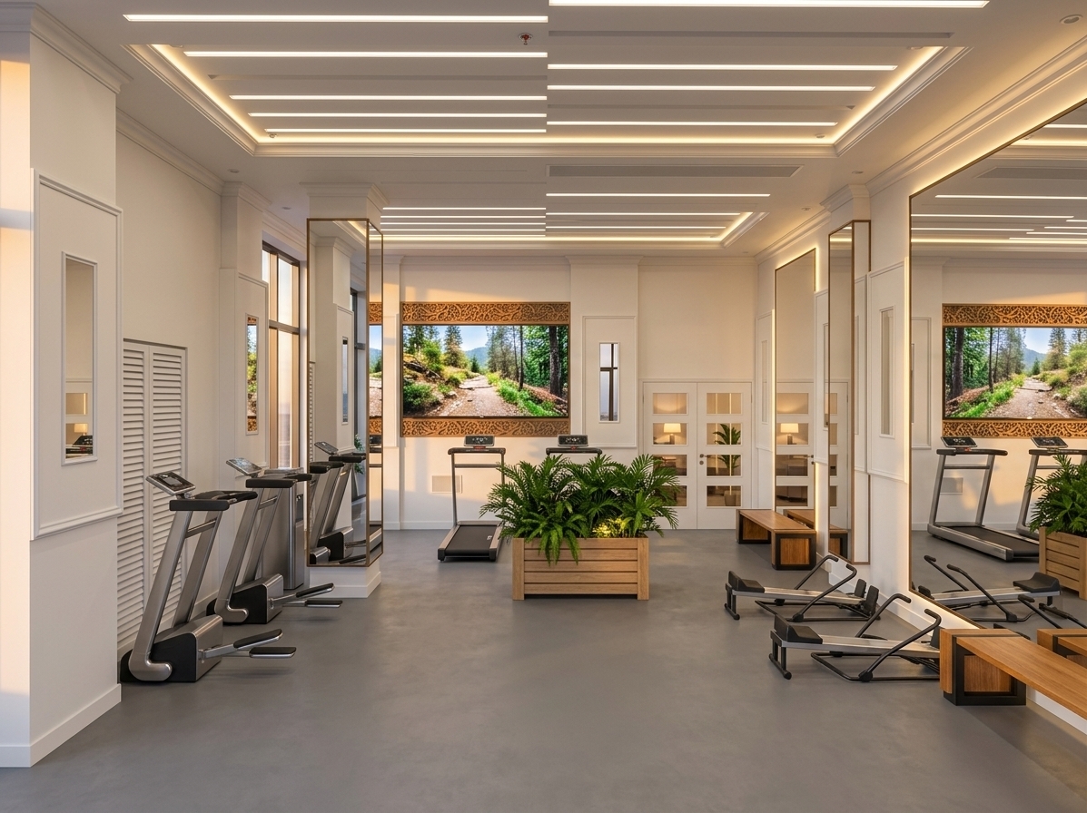 An incredibly lifelike, richly detailed, photorealistic wide-angle interior architectural shot of an executive corporate fitness gym set in a modern high-rise office suite during a calm summer evening. The scene is illuminated by warm, golden sunset hues streaming through exterior office glazing, beautifully harmonized with integrated warm-white LED strip lighting recessed into the linear white gypsum ceiling and backlighting the full-length mirrors, creating an energizing, upscale, minimalist haven atmosphere. Captured with a 24mm tilt-shift lens, emphasizing the matte, seamless texture of the cool grey linoleum flooring, the crisp profile of classic white wall mouldings, and the polished surfaces of state-of-the-art exercise machinery. At the center, a natural oak planter overflows with vibrant, lifelike botanical greenery, while the rear accent wall features an active widescreen display showcasing vivid outdoor scenes. Subtle details such as a sleek stainless-steel water dispenser, refined wooden locker benches, and a clean white door opening into an ambient corporate workspace complete this sophisticated wellness retreat.