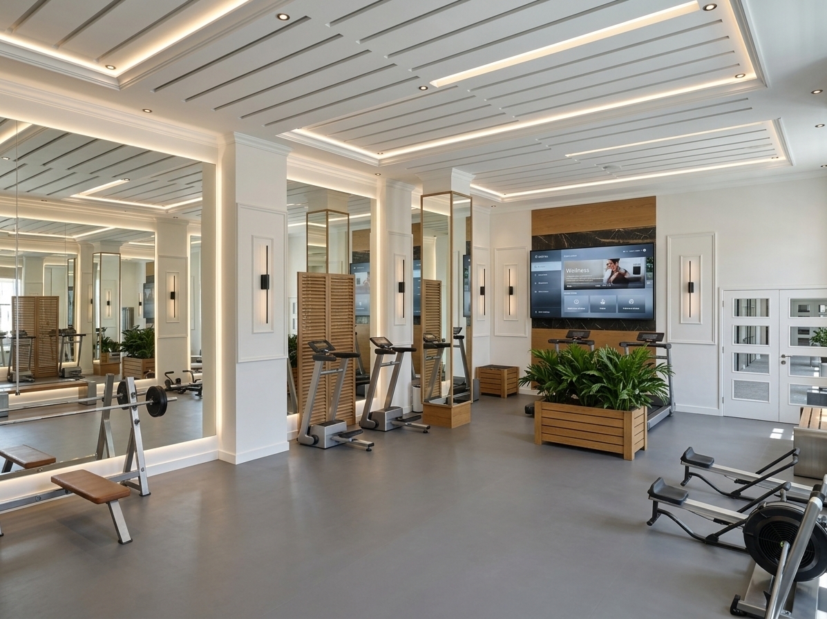 An incredibly lifelike, richly detailed, photorealistic wide-angle interior shot of a high-end corporate fitness gym set in a modern office environment. The scene is illuminated by bright summer midday light softly filtering in alongside soft architectural illumination from concealed LED light strips recessed into the slatted white gypsum ceiling and glowing perimeter accents along the expansive wall mirrors, creating an energizing yet serene minimalist atmosphere. Captured with a 24mm tilt-shift lens, emphasizing the smooth matte texture of the seamless grey linoleum floor, crisp classical wall moldings, and refined wood-slat accents. Professional workout equipment—including stainless steel bench presses, sleek magnetic rowing machines, and steppers—gleams with realistic chrome, powder-coated metals, and textured leatherette padding. An expansive media screen mounted on a dark marble and timber feature wall displays a dynamic, high-resolution wellness interface, while a discreet stainless-steel water dispenser and lush, organic potted palms in warm oak planter boxes add vibrancy. Crisp white French doors with glass panes subtly reveal glimpses of a contemporary office corridor outside, seamlessly blending executive sophistication with dedicated wellness design.