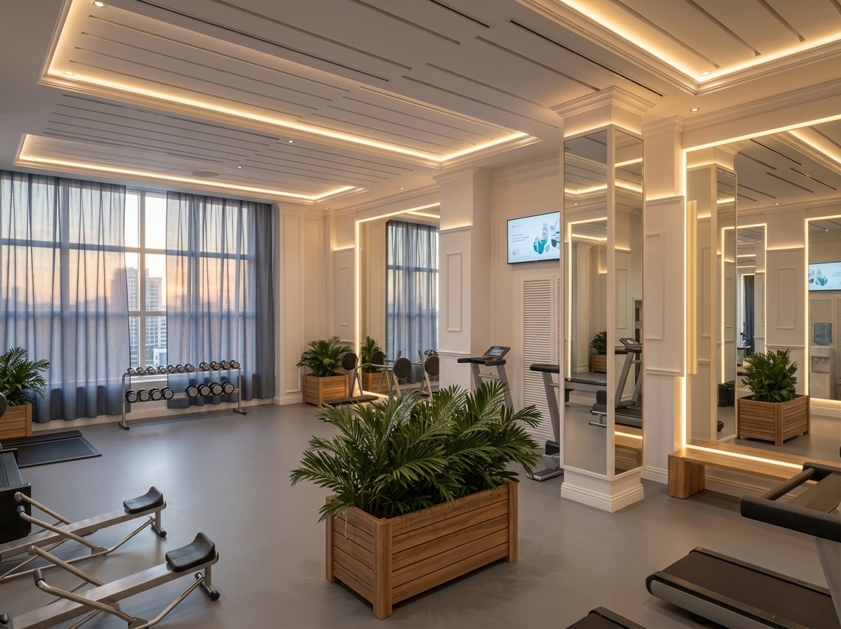 An incredibly lifelike, richly detailed, photorealistic wide-angle interior shot of a contemporary corporate fitness gym set in an upscale office wellness center. The scene is illuminated by the soft golden hues of a summer sunset filtering through sheer slate-blue drapes, harmoniously complemented by warm, concealed LED strip lighting recessed into the white coffered gypsum ceiling and framing the floor-to-ceiling mirrored pillars, creating a serene, motivating, and refined minimalist atmosphere. Captured with a professional full-frame camera and an ultra-wide tilt-shift lens, emphasizing the smooth texture of the grey linoleum flooring, elegant white wall moldings, crisp cornices, and the natural grain of wooden planters holding lush, photorealistic areca palms. Sleek workout machines, a polished dumbbell rack, a minimalist water dispenser, and a wall-mounted display screen showing active wellness graphics complete the space, while subtle glimpses of an adjacent corporate skyline outside the window emphasize a perfect balance between modern productivity and holistic health.