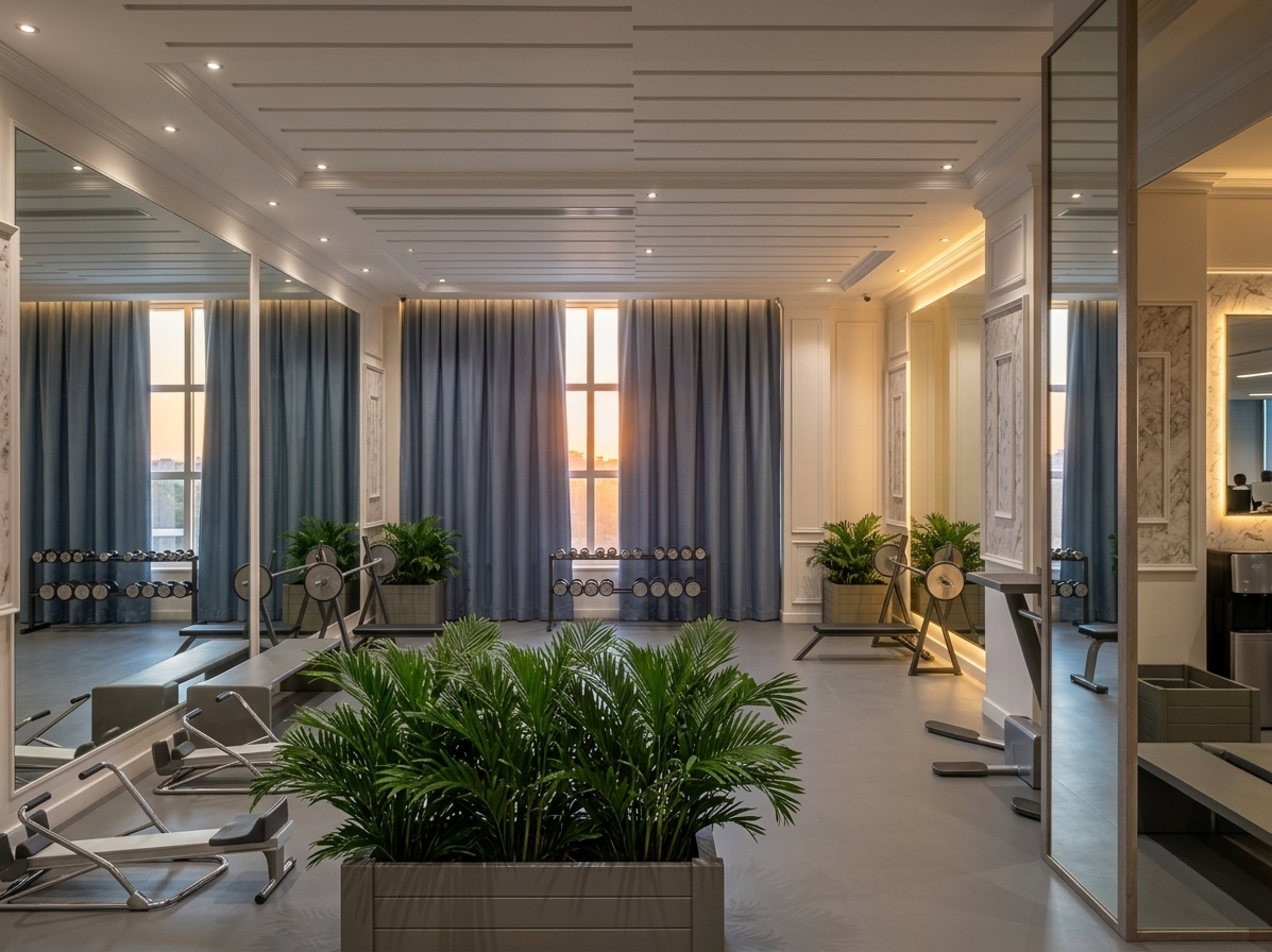 An incredibly lifelike, richly detailed, photorealistic interior eye-level shot of a modern corporate fitness gym set in a sleek office environment. The scene is illuminated by the warm, golden glow of a summer sunset filtering through large windows behind elegant slate-blue drapery, complemented by crisp recessed downlights and soft, concealed LED strip lighting recessed into the slatted white gypsum ceiling and perimeter mirrors, creating an invigorating, serene, and minimalist atmosphere. Captured with a professional full-frame camera and an ultra-wide architectural tilt-shift lens, emphasizing the smooth texture of the grey linoleum flooring, delicate classic wall moldings, and the polished metallic sheen of dumbbells, barbells, and workout benches. Lush, vibrant green palms thrive in natural timber planter boxes, injecting organic vitality into the space, while expansive floor-to-ceiling mirrors flawlessly reflect the balanced layout, a sleek water dispenser station, and subtle office silhouettes beyond the glass, epitomizing a refined, high-end wellness sanctuary.