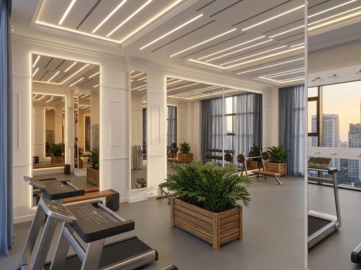 An incredibly lifelike, richly detailed, photorealistic wide-angle interior shot of an upscale corporate fitness gym set in a modern office suite. The scene is illuminated by the soft golden glow of a summer sunset filtering through sheer slate-blue curtains, perfectly balanced by crisp concealed linear LED light strips recessed into the white multi-tiered gypsum ceiling, creating an invigorating and peaceful minimalist haven atmosphere. Captured with a professional wide-angle architectural lens, emphasizing the matte texture of the seamless grey linoleum flooring, the refined elegance of white paneled wall moldings, and the glossy reflections on full-height mirrored columns. Pristine modern treadmills with brushed-metal accents and a dedicated weight bench area stand neatly arranged around lush, lifelike areca palms in warm slatted-timber planter boxes. Through the large exterior windows, a serene high-rise office cityscape is visible against the amber evening sky, while subtle details like a sleek, freestanding water dispenser, backlit mirror edges, and intricate classical cornices complete the clean, luxurious wellness space.