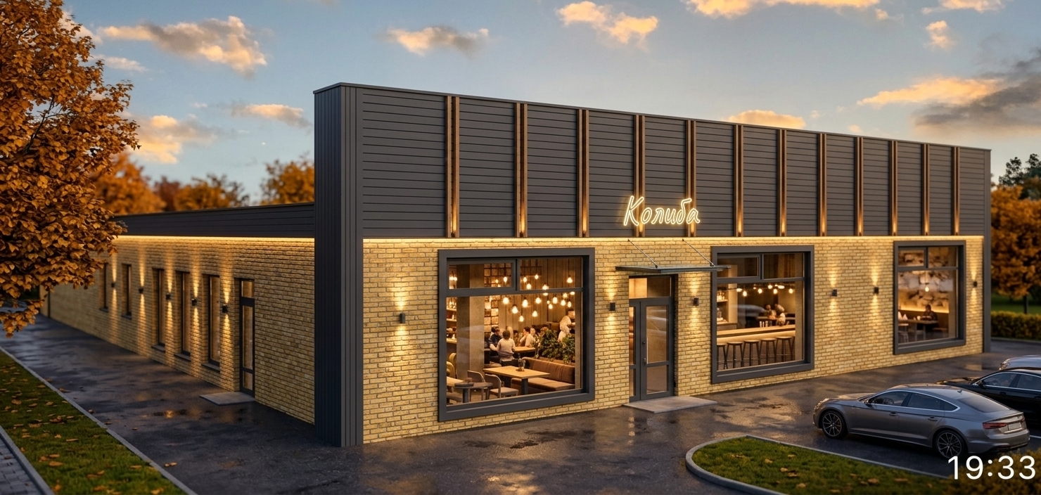 An incredibly lifelike, richly detailed, photorealistic eye-level exterior architectural shot of a modern industrial-loft restaurant named "Колиба" set in a beautifully landscaped autumn setting at sunset. The scene is illuminated by the warm, low-angled golden hues of the setting sun harmoniously mixed with integrated warm LED facade uplighting and the vibrant glow of the entrance signage, creating an inviting, cozy, and upscale evening atmosphere. Captured with a professional full-frame camera and a 24mm tilt-shift architectural lens, emphasizing the rich contrast between textured yellow brick masonry, matte dark-grey horizontal planking, and the rhythmic vertical timber battens accenting the upper portal. 

The main entrance is distinctly accentuated by a sleek, minimalist steel canopy crowned with a luminous neon sign glowing "Колиба," leading the eye toward the expansive storefront windows that reveal a buzzing, warm industrial-loft interior filled with ambient pendant lights and stylish seating. In the foreground, a paved parking area with neatly parked modern cars is complemented by refined urban landscaping, featuring damp asphalt catching gentle reflections, manicured lawn borders, and golden-orange autumn trees bathed in the fading dusk light.