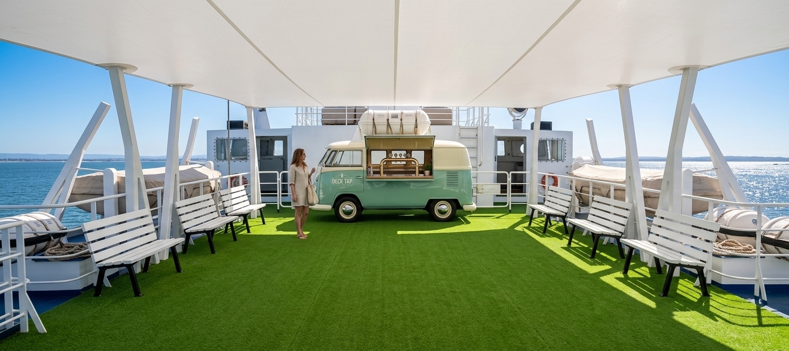 An incredibly lifelike, richly detailed, photorealistic wide-angle architectural shot of a modern open-air hospitality terrace aboard a cruising ferry set in a sun-drenched maritime environment. The scene is illuminated by radiant, high-noon summer sunlight softly filtered beneath an expansive white tensioned fabric canopy, creating a breezy, refreshing, and festive resort-like atmosphere. Captured with a professional 24mm wide-angle lens, emphasizing the rich tactile contrast between the vibrant, manicured artificial grass turf underfoot, the clean finish of the crisp white-painted slatted wooden benches, and the slender angled steel framing overhead. Centered on the deck, a beautifully customized vintage VW Kombi is converted into an open-air pop-up beer bar with gleaming taps and service counter, framed by nautical safety railings and panoramic views of the open ocean beyond.