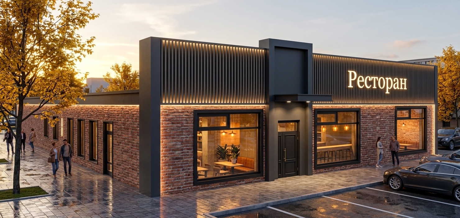 An incredibly lifelike, richly detailed, photorealistic eye-level exterior architectural shot of a modern industrial loft-style restaurant set in a vibrant urban environment during a crisp autumn sunset. The scene is illuminated by the low, golden rays of the setting sun contrasting with warm interior glow and dramatic integrated exterior lighting, creating an inviting and upscale evening atmosphere. Captured with a professional full-frame camera equipped with a 24mm tilt-shift lens, emphasizing the rich, weathered texture of the rustic red brickwork, matte charcoal metal finishes, and crystal-clear glazing. The main entrance is accentuated by an imposing architectural portal topped with a bold, deeply projecting cantilevered canopy with integrated recessed downlights illuminating the doorway. The prominent upper frieze is transformed with rhythmic, dark-grey vertical slats dramatically backlit from within to cast a warm, ambient glow across the facade, while roughly half of this upper section is adorned with a glowing, classic-serif illuminated sign reading "Ресторан". Through the large black-framed industrial display windows, views into the inviting loft-inspired dining area reveal amber-hued pendant lighting, raw timber tables, and cozy booths. In the foreground and surroundings, wet-look paved sidewalks reflect the twilight sky as casually dressed pedestrians stroll beneath golden-foliage street trees, and an organized curbside parking lot with contemporary vehicles adds depth, authenticity, and lively urban realism to the composition.