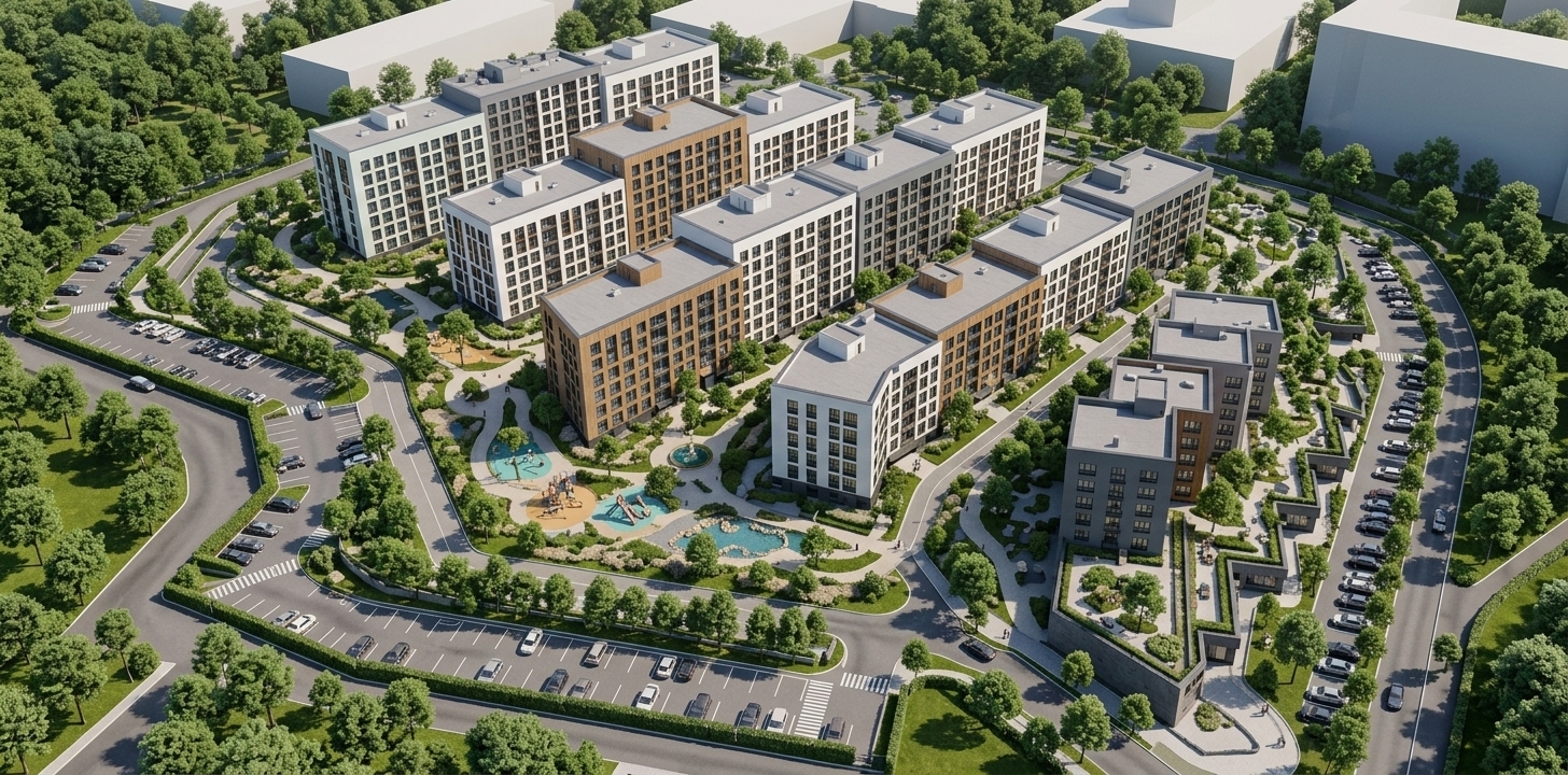 An incredibly lifelike, richly detailed, photorealistic high-angle aerial wide shot of a luxurious contemporary residential complex set in an expansive, landscaped urban master-planned community. The scene is illuminated by bright, natural midday sunlight casting gentle, precise architectural shadows, creating an upscale, vibrant, and elegant atmosphere. Captured with a professional aerial drone camera using a wide-angle 24mm lens at f/8, emphasizing the pristine architectural cladding, rich natural wood textures, and reflective glass windows. The building structures maintain their dynamic multi-level footprints while showcasing a completely modernized facade aesthetic rendered in a sophisticated palette of crisp matte white, mid-tone slate grey, and deep graphite charcoal panels, entirely replacing previous vibrant orange and green hues with elegant, seamless architectural finishes accented by warm vertical timber slat paneling around select balconies and window frames. The flat rooftops are rendered clean, sleek, and minimalist with modern membrane finishes and subtle utility enclosures, completely clear of rooftop greenery. Surrounding the perimeter, the lush ground-level courtyard landscaping remains impeccably preserved, featuring winding pedestrian walkways, vibrant children's playgrounds, tranquil decorative water ponds, manicured lawns, asphalt access roads, organized parking bays with detailed vehicles, and dense mature perimeter trees integrating the development seamlessly into its urban landscape.